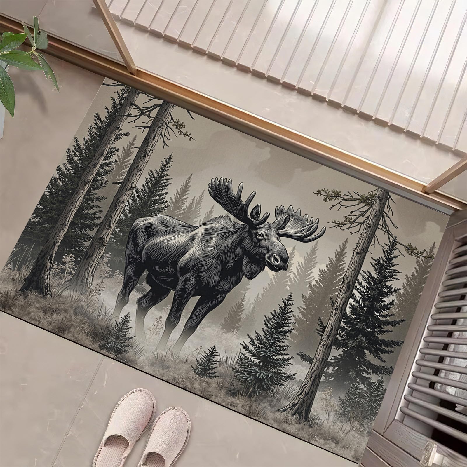 Tapis de intérieur 60 x 90 cm antidérapant gris avec grand arbre et élan