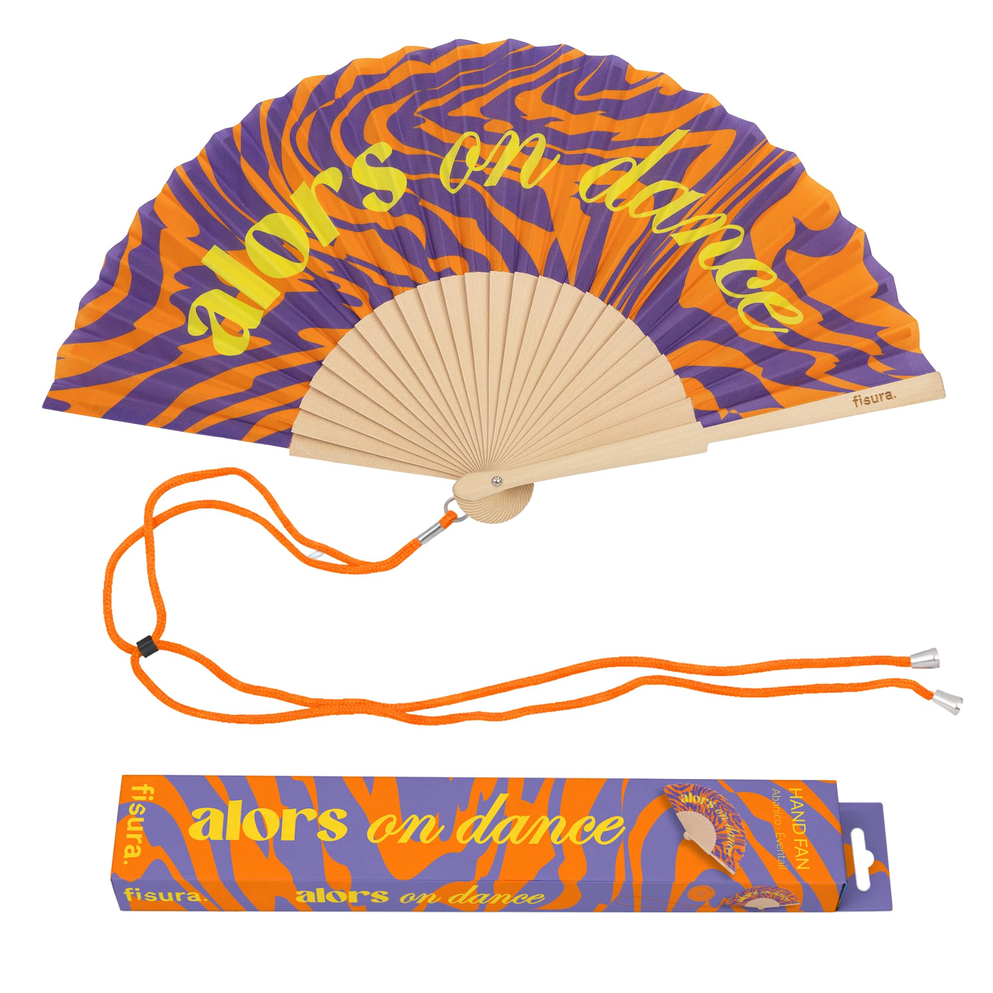 Fisura – Ventaglio in legno con messaggio “Alors on dance”. Ventaglio a mano moderno arancione e viola con laccetto. Accessorio estivo colorato, idea regalo originale, dimensioni 42,5 x 23 cm