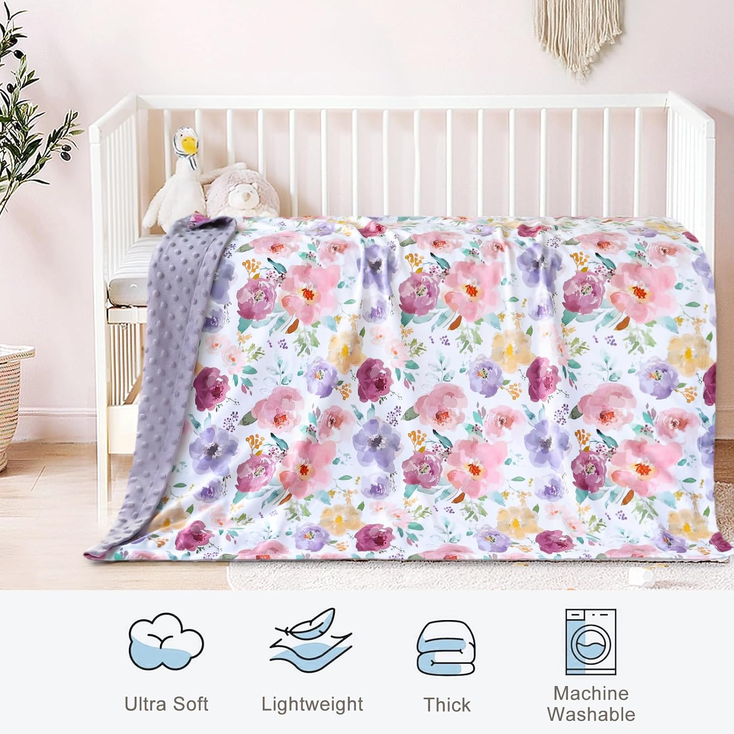 HOMRITAR Baby Blanket for Girls Soft Lightweight Minky Blanket with Double Layer Dotted Backing for Infant Toddler Nursery Crib with Purple Floral Design 30 x 40 Inch - Image 4