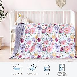 HOMRITAR Baby Blanket for Girls Soft Lightweight Minky Blanket with Double Layer Dotted Backing for Infant Toddler Nursery Crib with Purple Floral Design 30 x 40 Inch