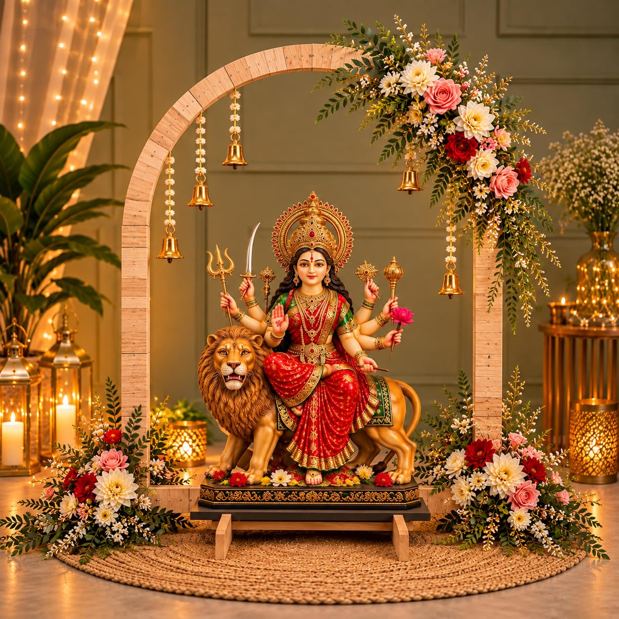 SATYAM KRAFT 1 Piece Foldable Arch Shape Wooden Makhar Mandap | Wooden Pooja Backdrop Stand for DIY Pandal & Temple | Navratri Decoration Setup for Home, Durga Pooja, Pooja Room, Mandir — Amazon image 3