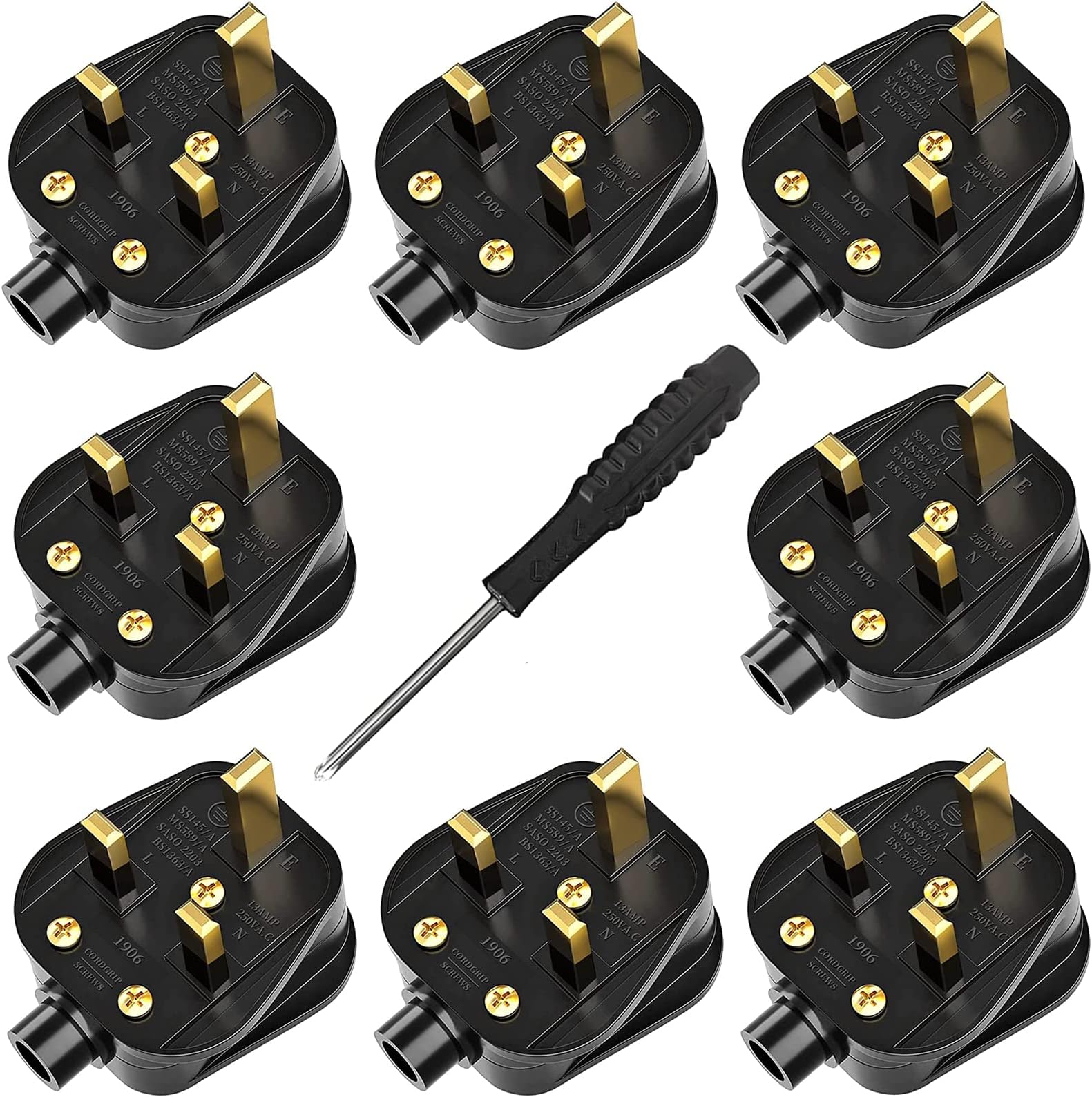 UK Plugs with 13 AMP Fused, 3 pin Mains Plug with Cord Grip Rewireable Heavy Duty Electrical Plug, Rubber Composite Plug, 8 Pack - Black