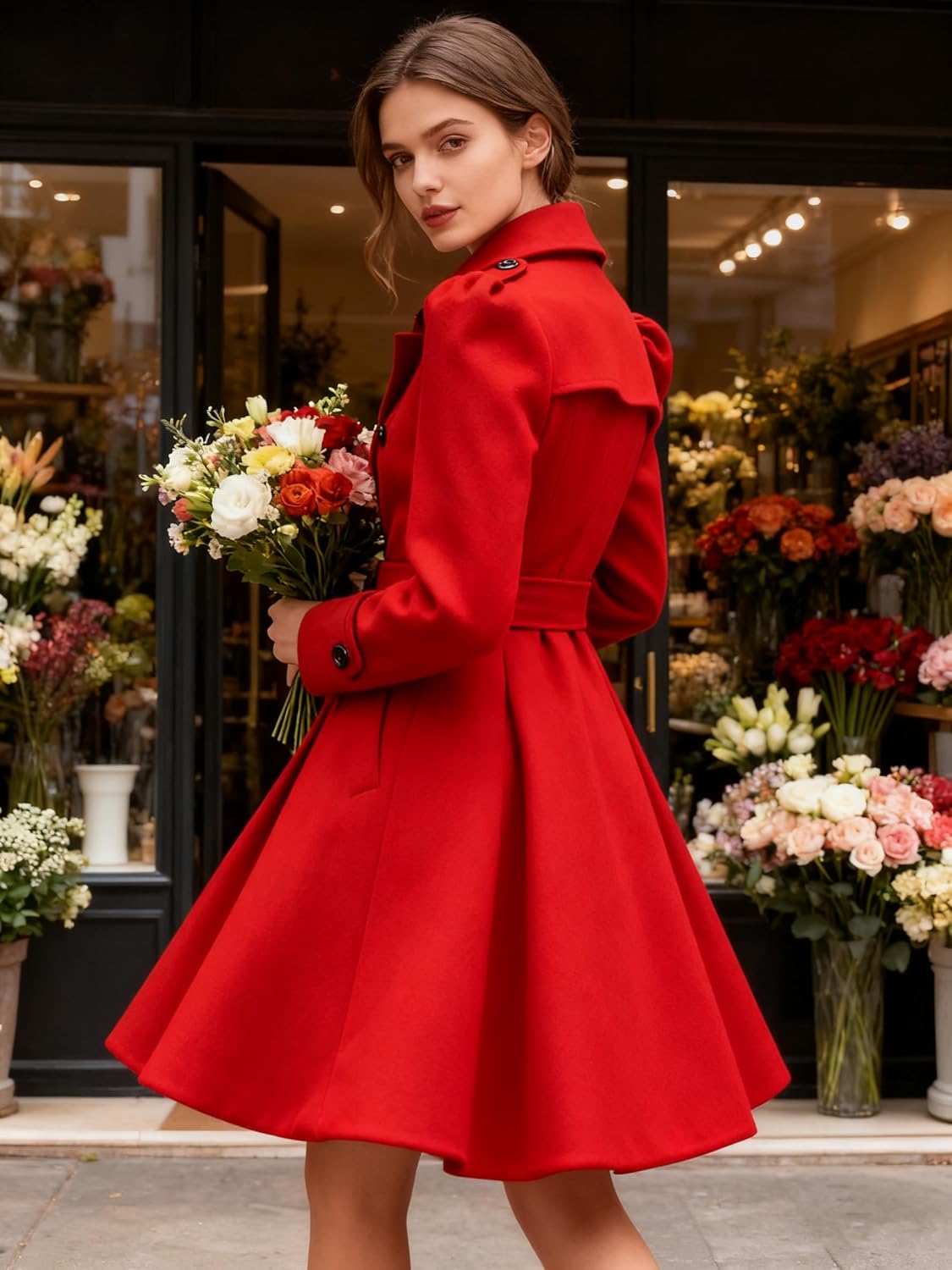 ForeMode Women Swing Double Breasted Wool Pea Coat with Belt Buckle Spring Mid-Long Long Sleeve Lapel Dresses Outwear - Image 3