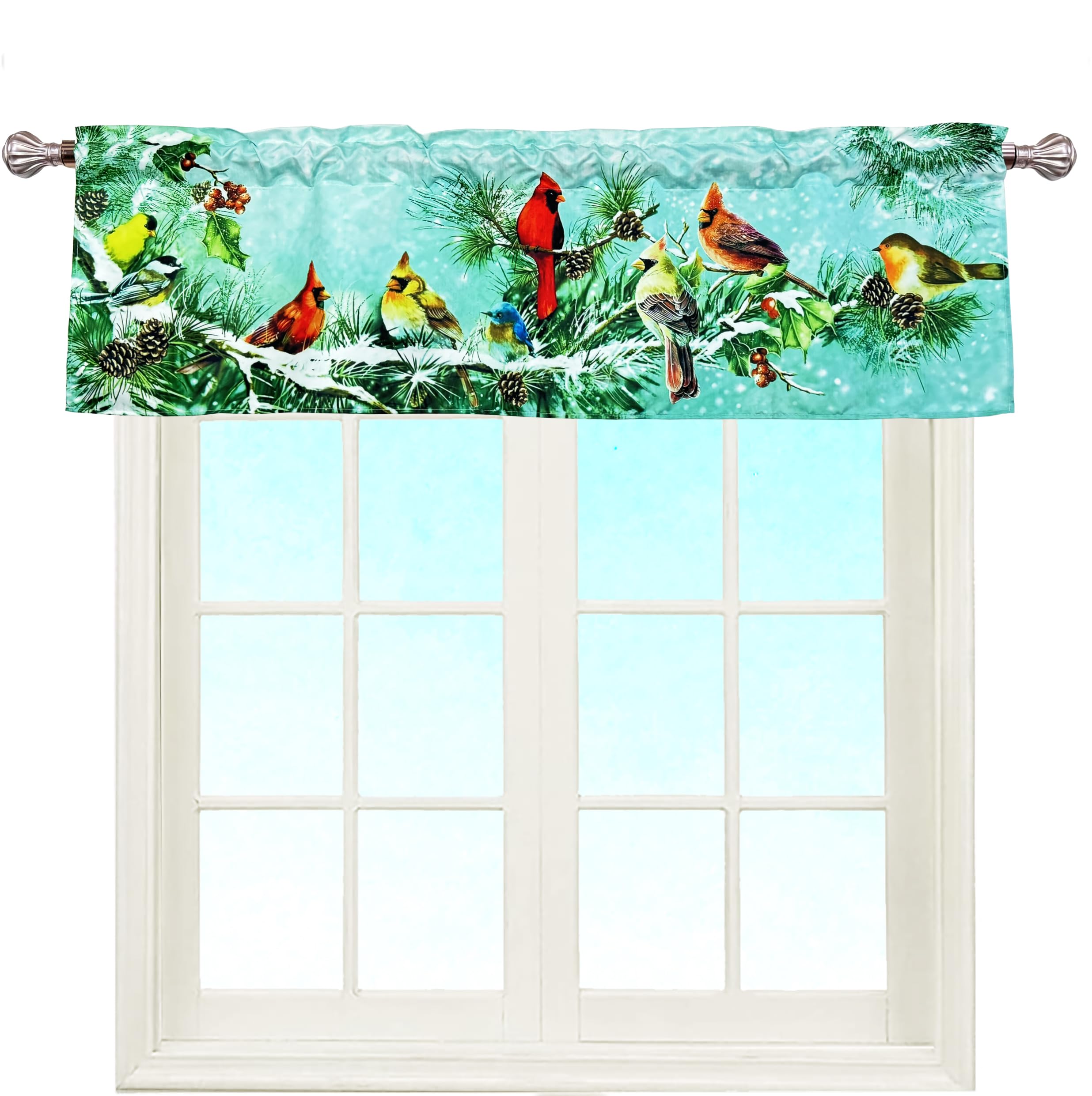 EZ.enjoy Winter Scene Birds Cardinal Window Curtain Valance Blackout for Decorative Privacy Christmas Holiday Rod Pocket 52 X 16 Inches