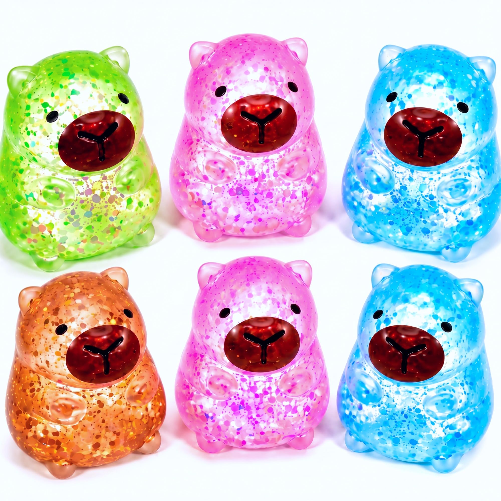 Simgoing 6 piezas sensoriales para aliviar el estrés con purpurina capibara apretar, 4 colores, lindo relleno de azúcar de malta, elástico, para adultos, regalo relajante para fiesta de cumpleaños