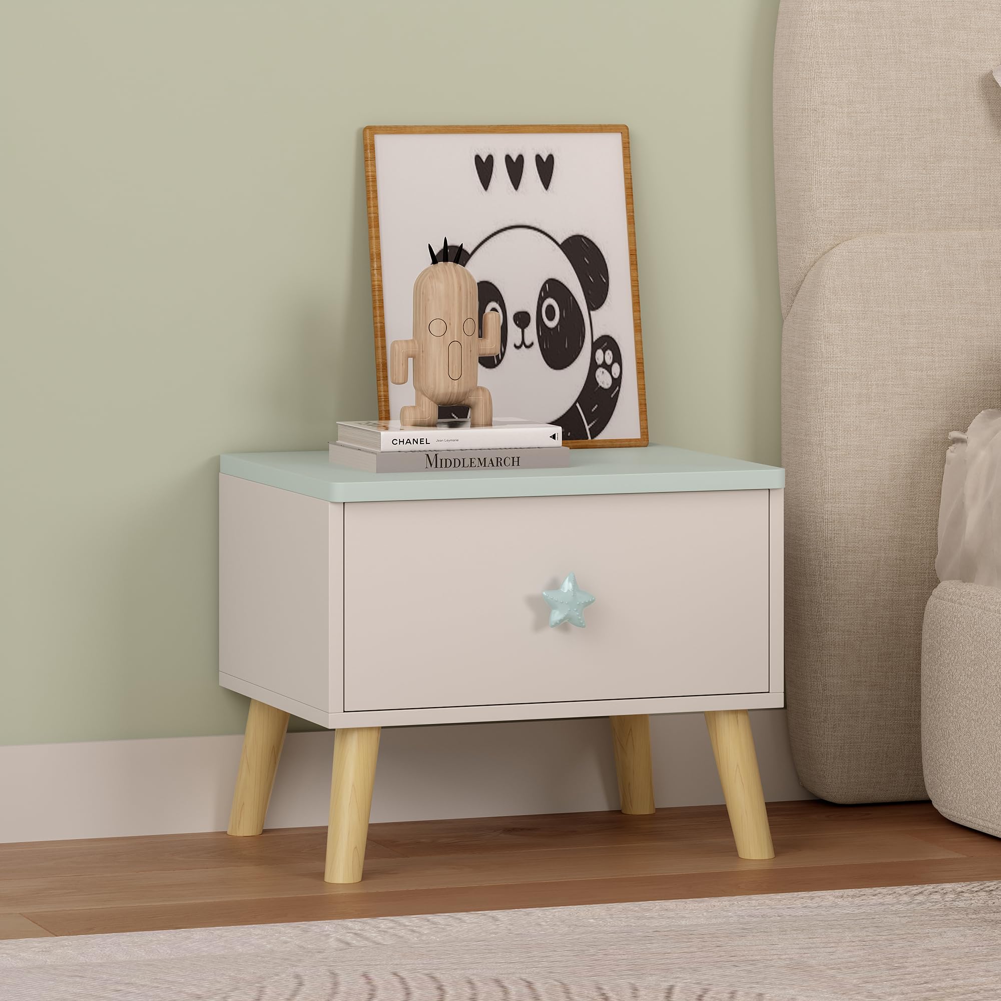 [en.​casa] Mesita de Noche Infantil Sandnes Mesa Auxiliar para Niños con Cajón Pomo en Forma de Estrella para Habitación Infantil Sala de Juegos MDF/​Pino 31 x 38 x 30 cm Blanco/​Verde Menta