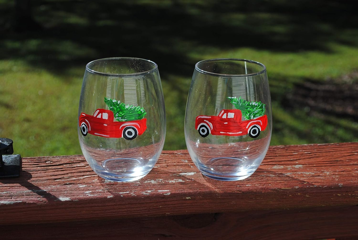 2 Red Pickup Truck and Christmas Tree Stemless Wine Glasses Set