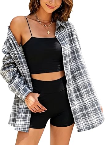 HangNiFang Flannel Plaid Shirts for Women Oversized Button Shirts Blouse