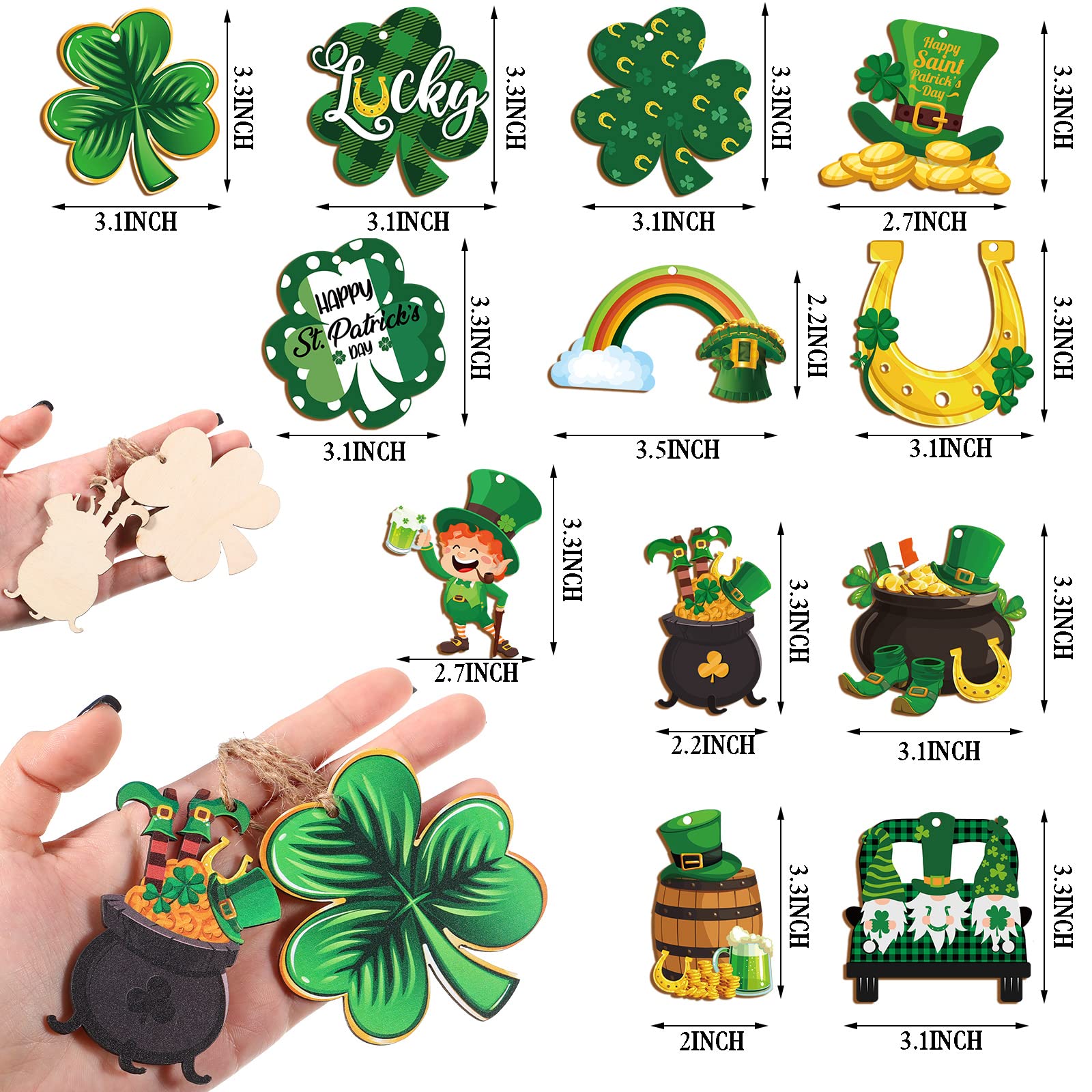 Yulejo St. Patricks Day Decorations Wooden Shamrock Ornaments Good Luck Clover Hanging Ornament Craft for Tree Shamrock 12 Styles Irish Saint Patricks Day Tree Hanging Decorations(36 Pieces)