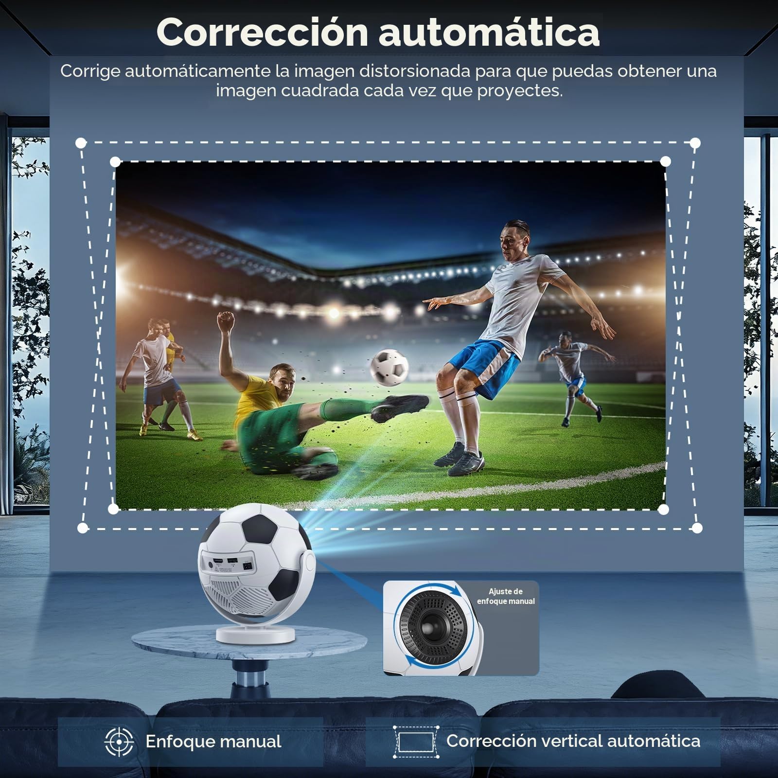 [Proyector de Fútbol] Mini Proyector Portátil con WiFi 6 Bluetooth 5.4, Android 14,Support 4K,Auto Keystone 180° Rotable Projector Compatible con Teléfono/PC/Laptop/TV/HDMI
