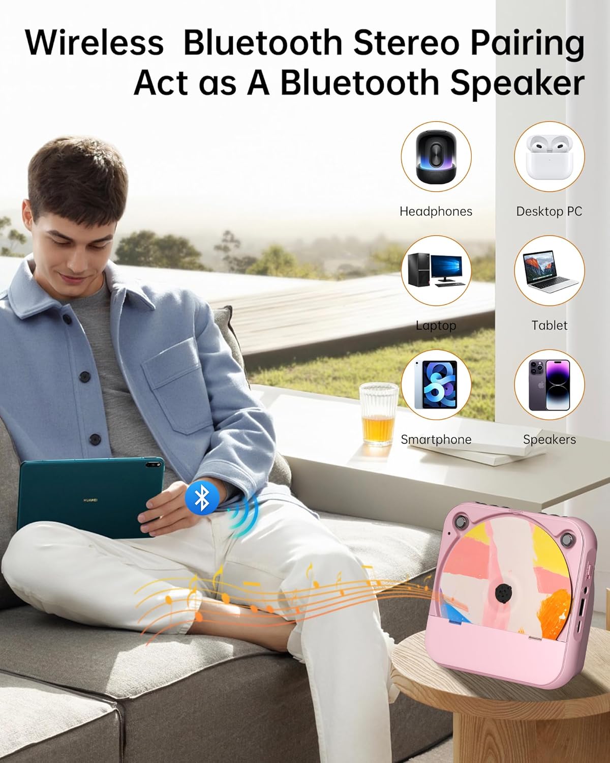 Portable CD Player with Bluetooth, Rechargeable Wireless Mini Desktop for Home with HiFi Speaker, Cute CD Player Remote Control, LCD Display, Supports CD/FM Radio/USB/AUX/Timer/Repeat, Pink