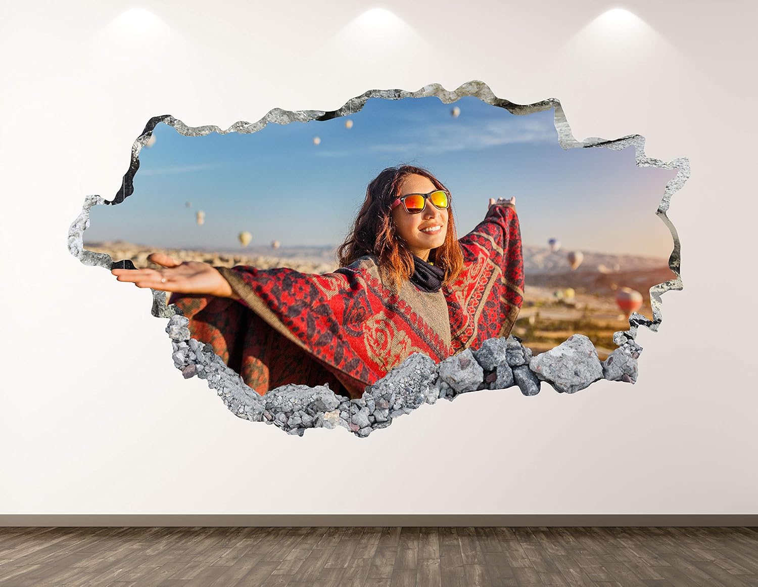Woman Tourist Wall Decal Art Decor 3D Smashed A Young Woman and Hot Air Balloons in The Morning Sticker Poster Kids Room Mural Custom Gift BL2157 (30"W x 18"H)