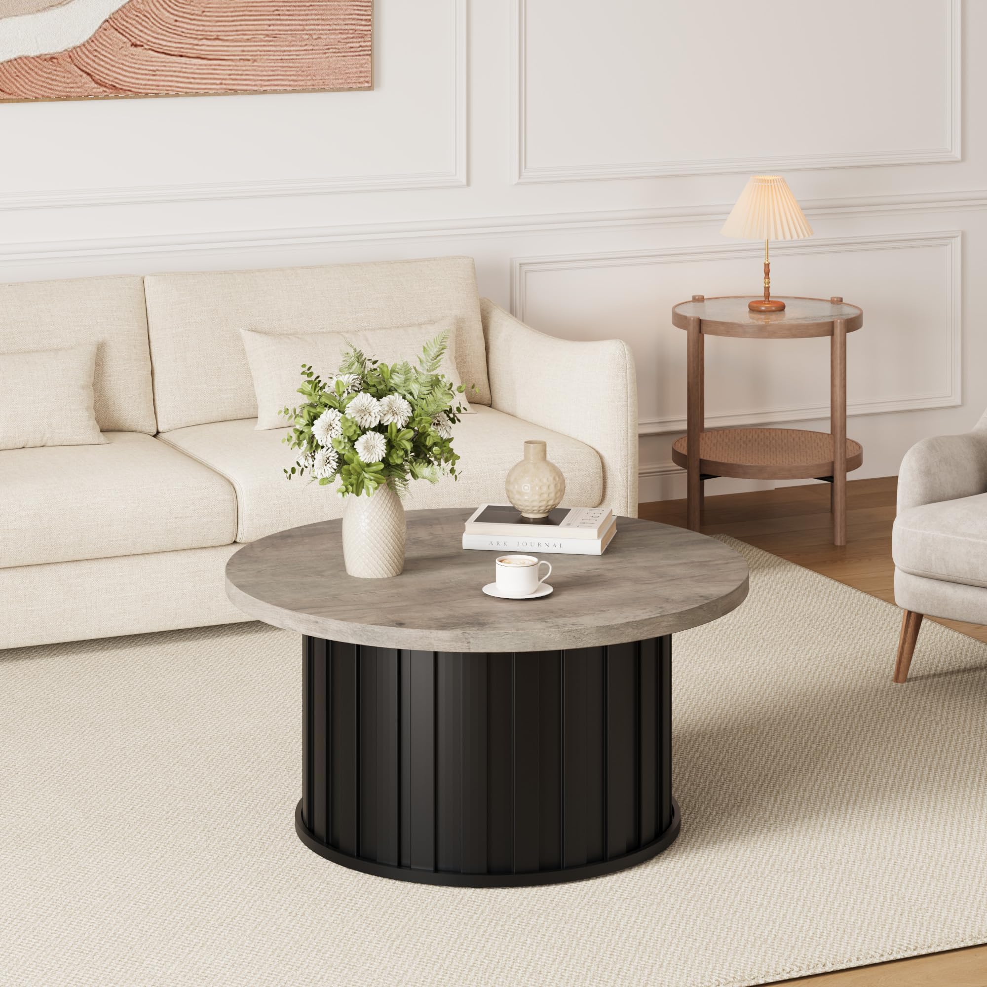 Table basse ronde 81 cm grise en métal avec plateau cannelé