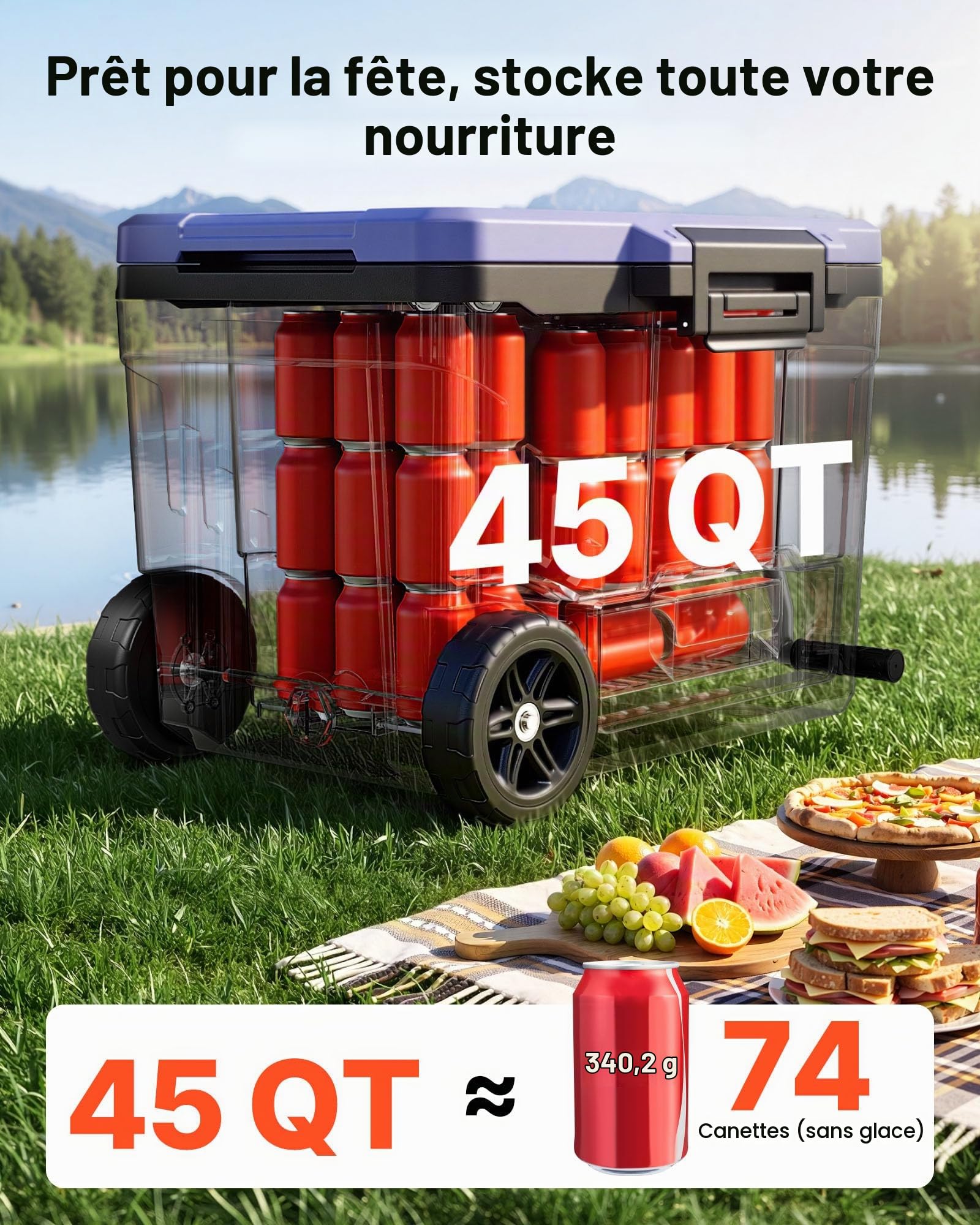 VEVOR Glacière Rigide à roulettes 42,6 L Boîte Isotherme Rigide Portable, pour Aliments Boissons Camping Pêche Pique-Nique Jardin Plage, Rétention du Froid jusqu'à 48 H, Séparation Sec et Humide