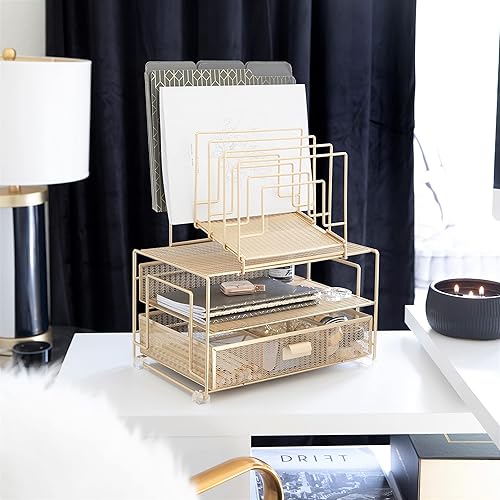 Miniatura 10 de BLU MONACO Workspace - Organizador de escritorio y accesorios de escritorio de oro rosa con clasificadores de archivos y cajón para suministros de