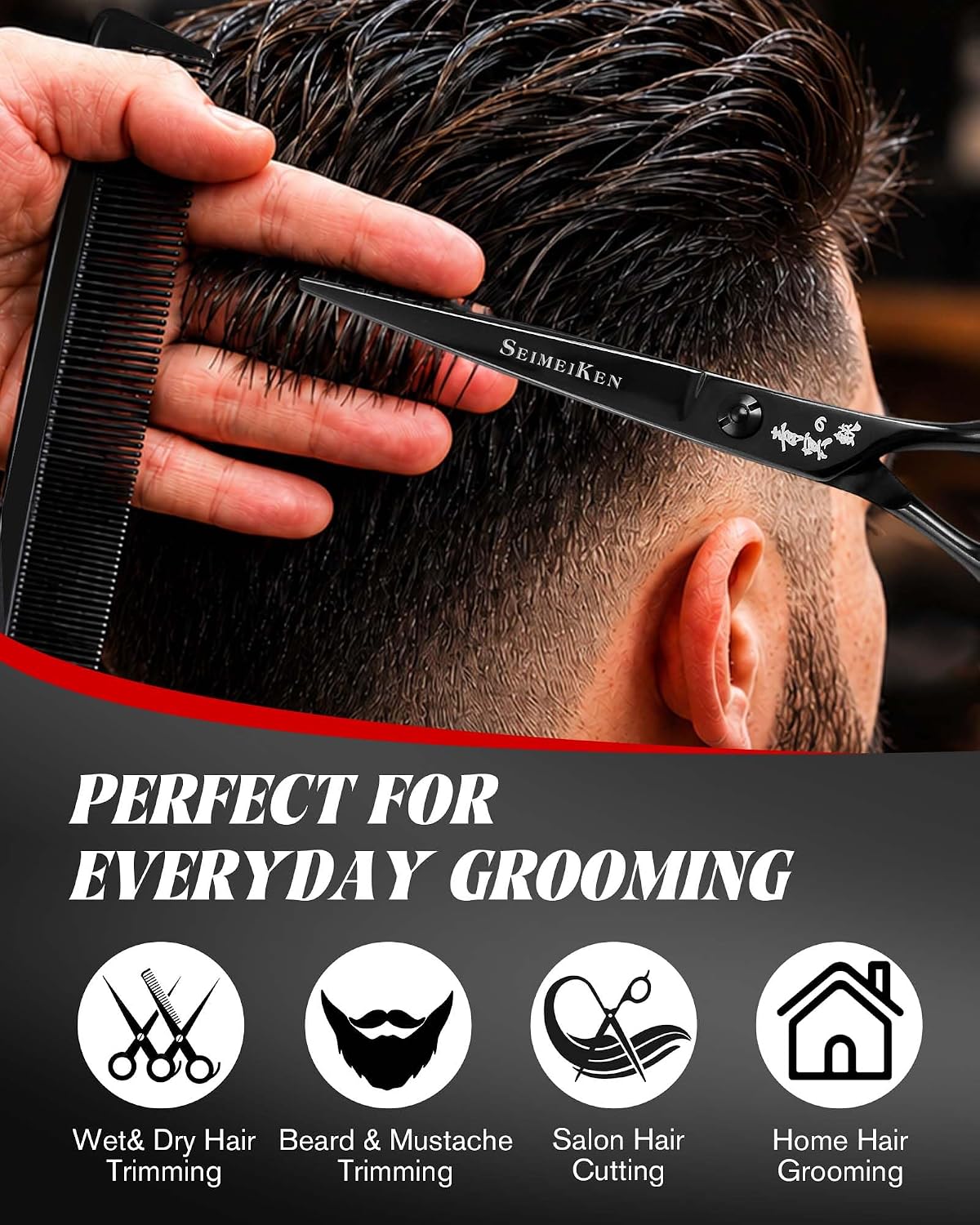 Hair Cutting Scissors Kit Professional, 6" Japanese 440C Stainless Steel Hair Scissors Set with Fine & Wide Tooth Comb and Rat Tail Parting Comb, Salon-Quality Haircut Scissors for Barbers & Home Use