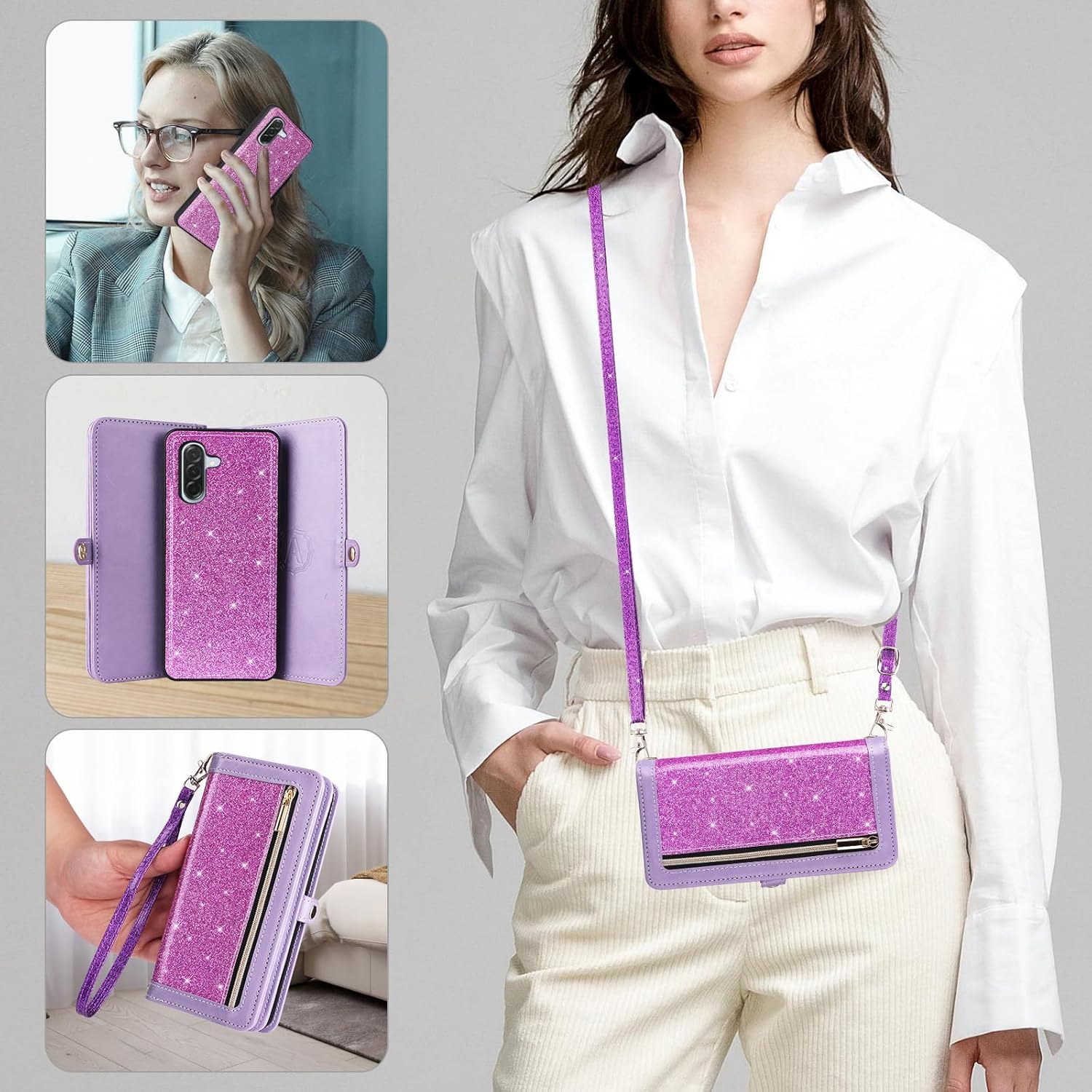 Asuwish Phone Case for Samsung Galaxy A36 5G Zipper Wallet Detachable Cell Cover with Tempered Glass Screen Protector Strap Bling Glitter Flip Card Holder A 36 36A LTE SM-A366U Women Men Girls Purple