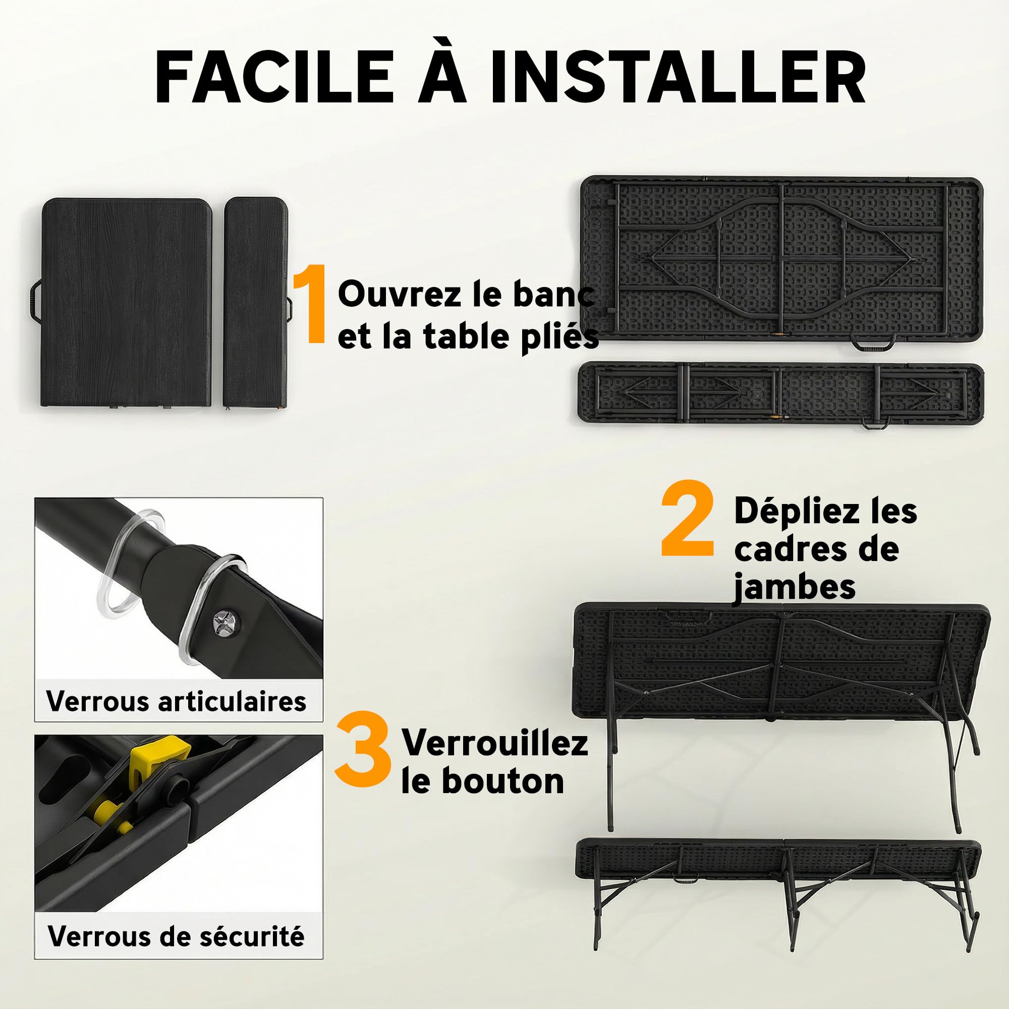 Outsunny Ensemble Table Pliante et bancs de Pique-Nique 180 cm, Table Camping Pliante avec chaises Portable avec poignées de Transport, Banc Pliable pour terrasse, Jardin, Barbecue, Noir