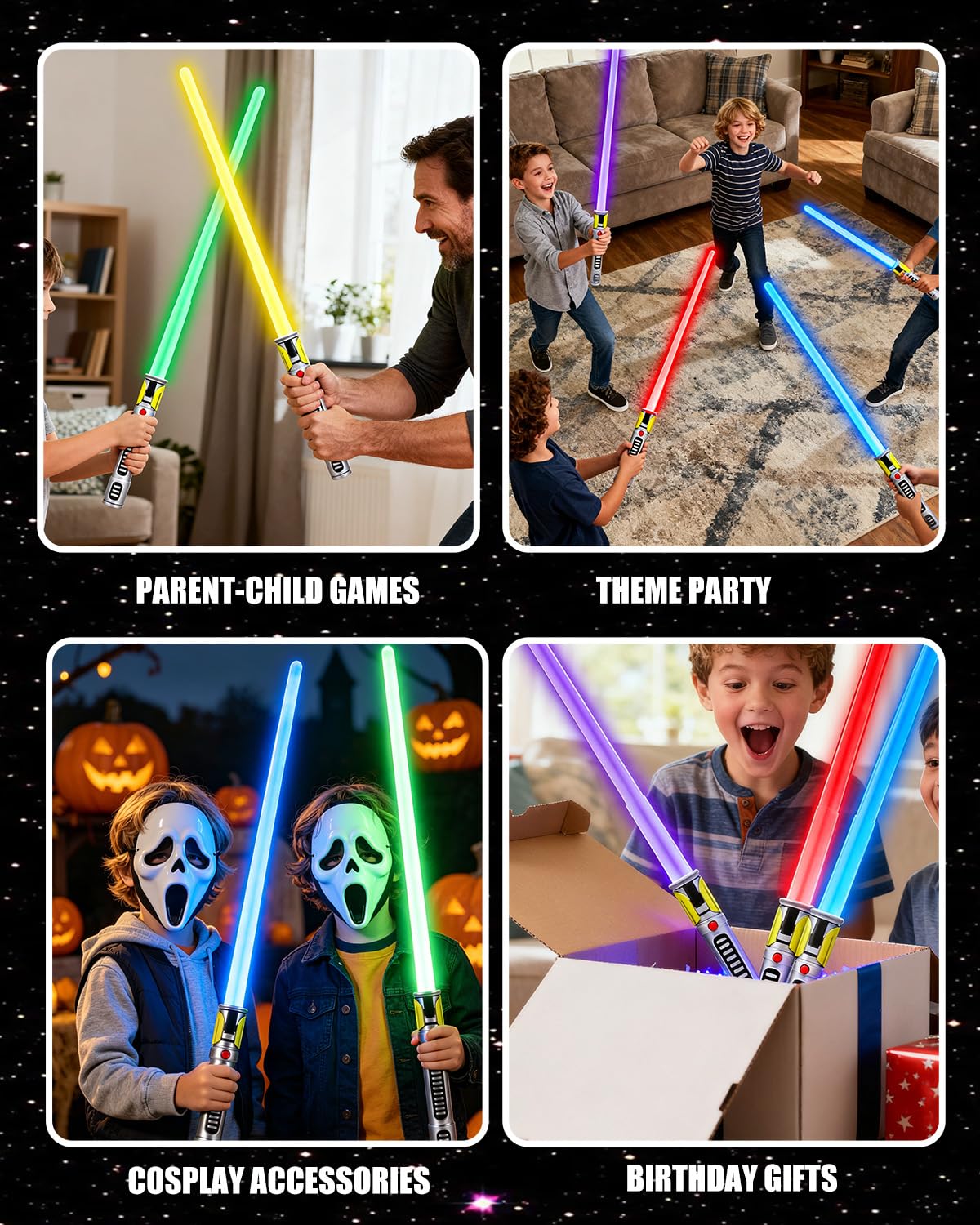 Lot de 4 sabres lumineux à DEL extensibles avec son FX (sensible au mouvement), 7 couleurs, jouet d'épée de combat galaxie pour enfants, cadeau d'Halloween, de Noël ou d'anniversaire