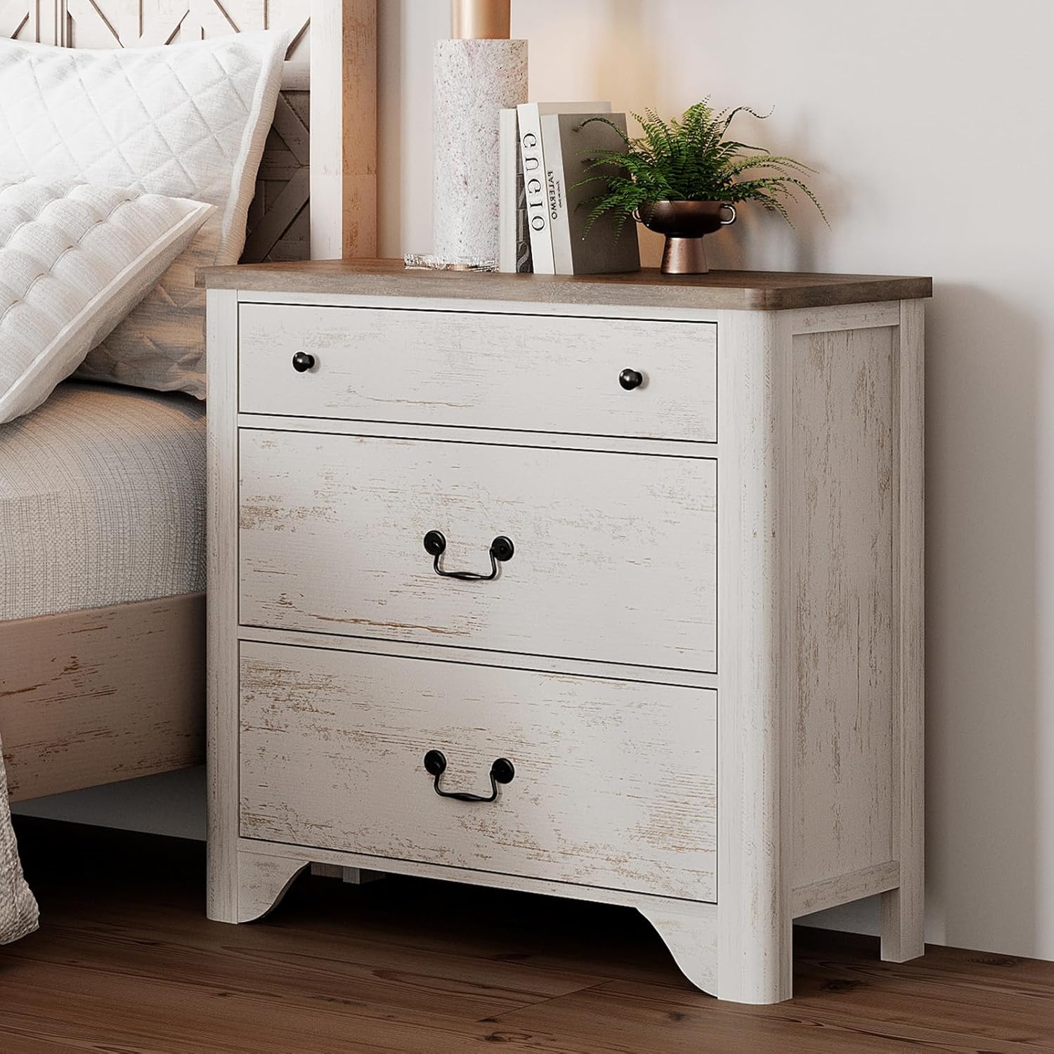 WAMPAT Farmhouse Nightstand with 3 Drawers, 31.5 Inch Wood Bedside Table Nightstand with Vintage Handles, Wide Sofa Side End Table Chest of Dresser for Living Room, Bedroom, Distressed White