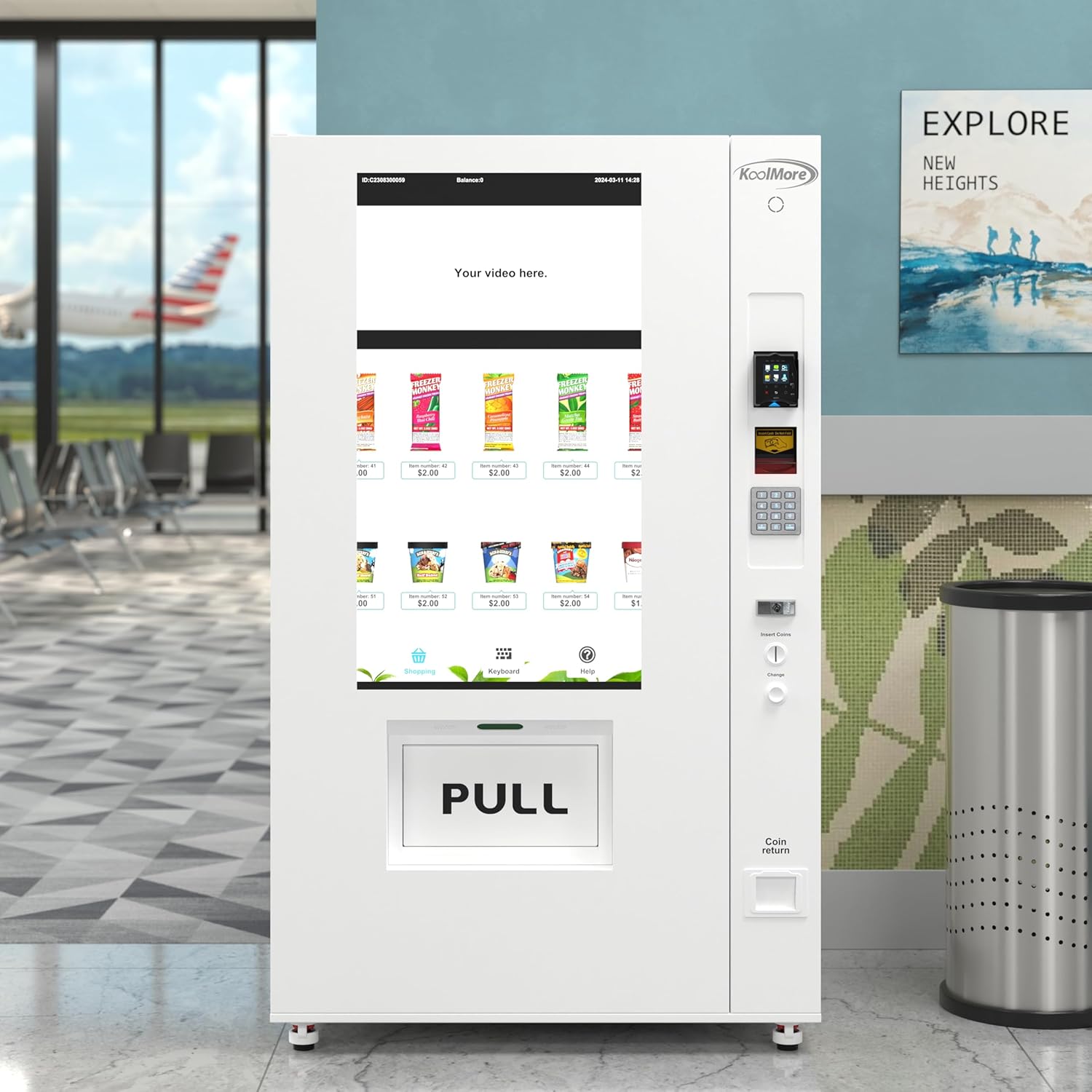 KoolMore 45 in. Commercial Freezer Ice Cream Vending Machine with 44 Slots, Ample 49 in. Touch Display, Bill Acceptor and Credit Card Reader in White