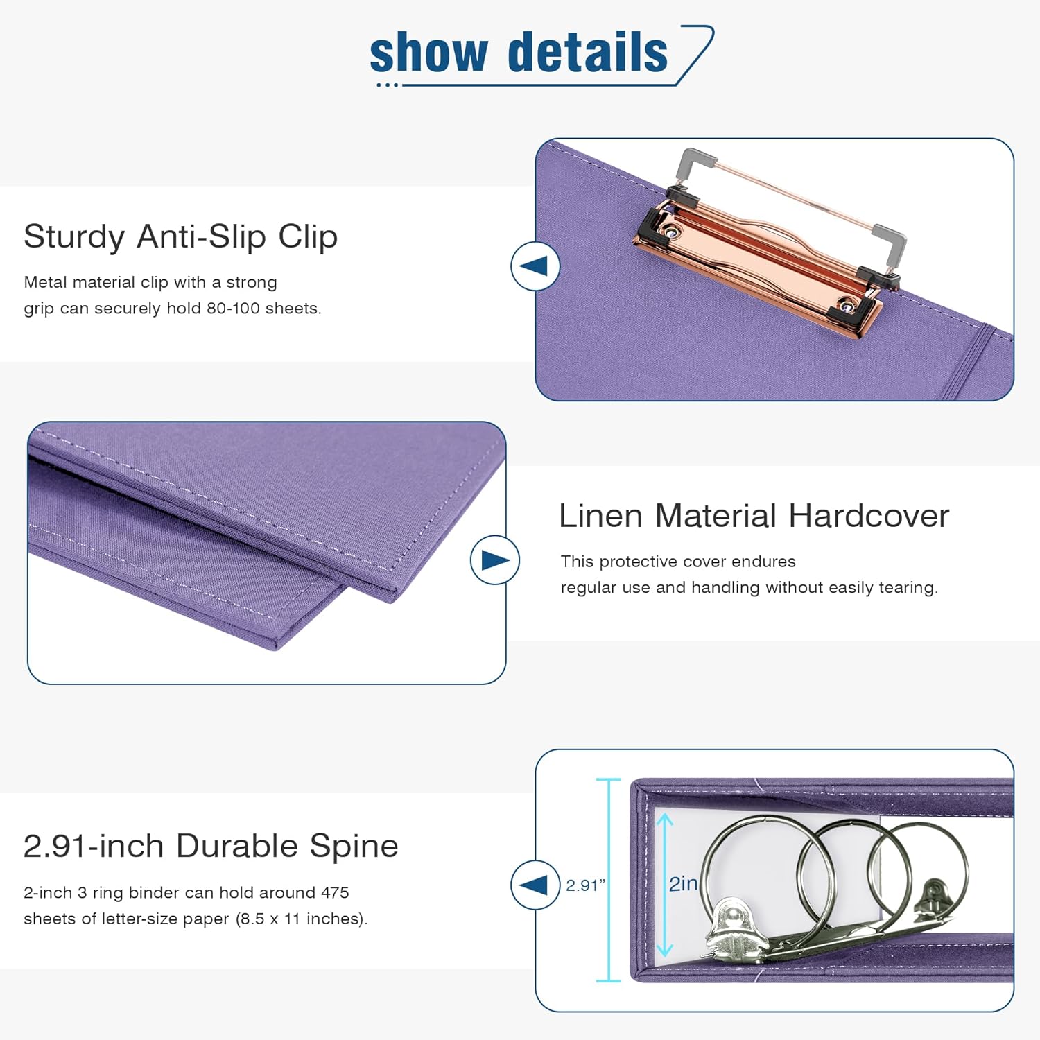 Ospelelf 2 Inch 3 Ring Binder Organizer with Zipper Pouch, Purple Linen Clipboards Portfolio (8.5" x 11"), 5 Plastic Folders with 10 Pockets, Hardcover School Binder