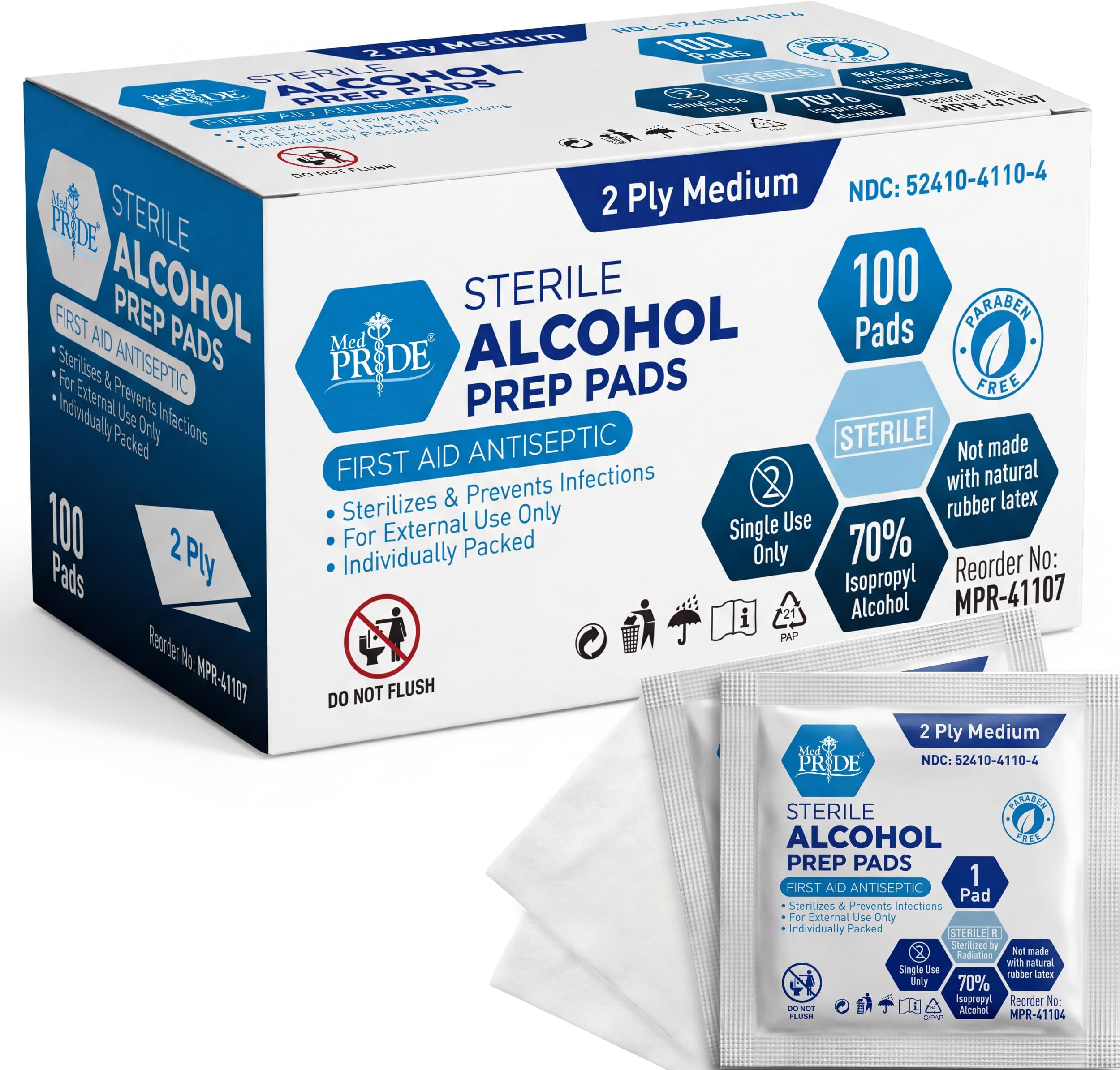 MED PRIDE Alcohol Prep Pads| 100 Pack| Medical-Grade, Sterile, Individually-Wrapped, Isopropyl Cotton Swabs| Disposable, Medium Square Size, 2ply, Latex Free & Antiseptic| for First-Aid Kits