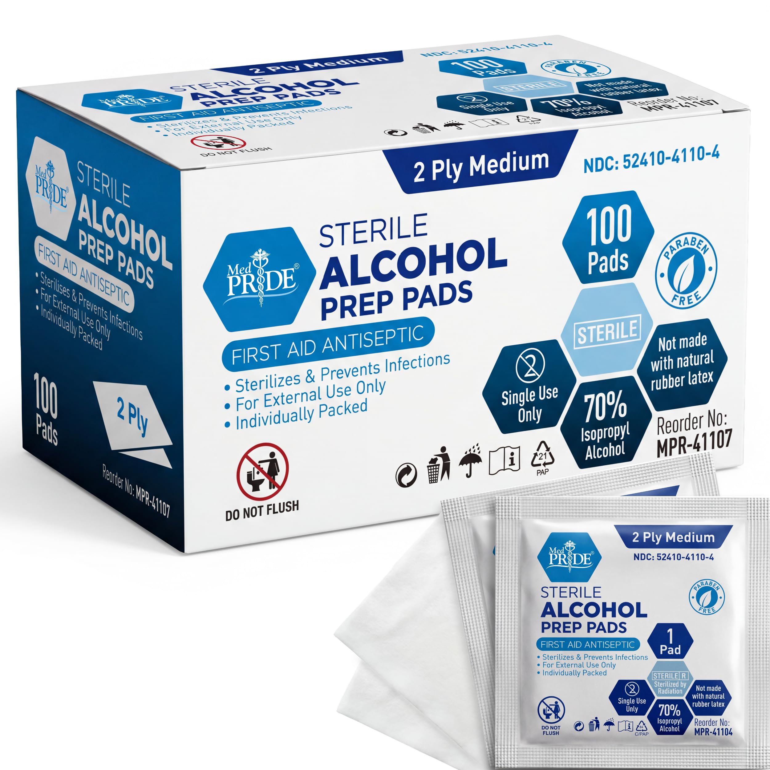 MED PRIDE Alcohol Prep Pads| 100 Pack| Medical-Grade, Sterile, Individually-Wrapped, Isopropyl Cotton Swabs| Disposable, Medium Square Size, 2ply, Latex Free & Antiseptic| for First-Aid Kits