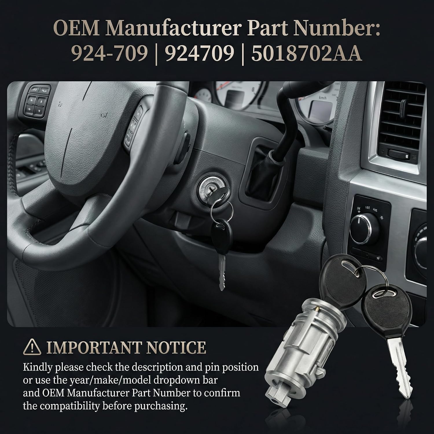 924-709 Ignition Lock Cylinder Switch with Keys，Compatible with Dodge Chrysler Mitsubishi Models, Replace 924709 5018702AA