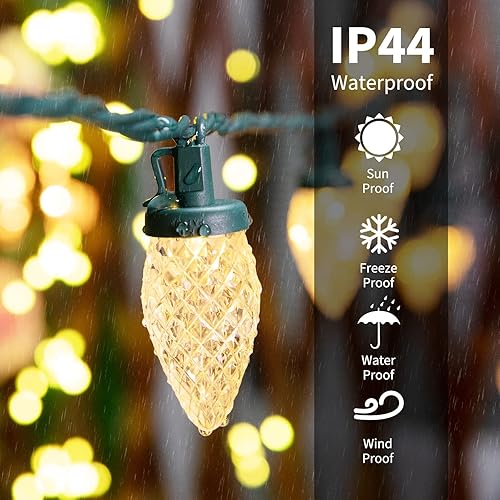 Miniatura 6 de Tira de luces LED C9 de Navidad, 66 pies, 100 luces LED impermeables de fresa, cadena de luces de alambre verde extensible para exteriores,