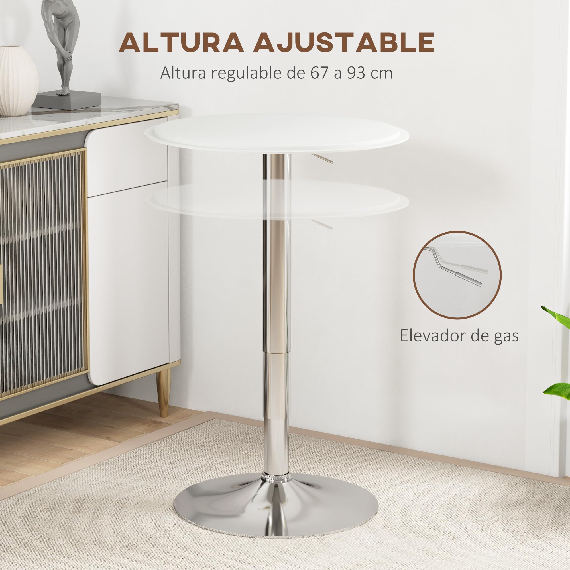HOMCOM Mesa de Bar Redonda Ajustable en Altura 67-93 cm, Mesa Alta de Bar, Tablero Ø63 cm y Giratorio 360°, con Base Redonda de Metal Cromado, para Bistró, Cocina Comedor, Blanco