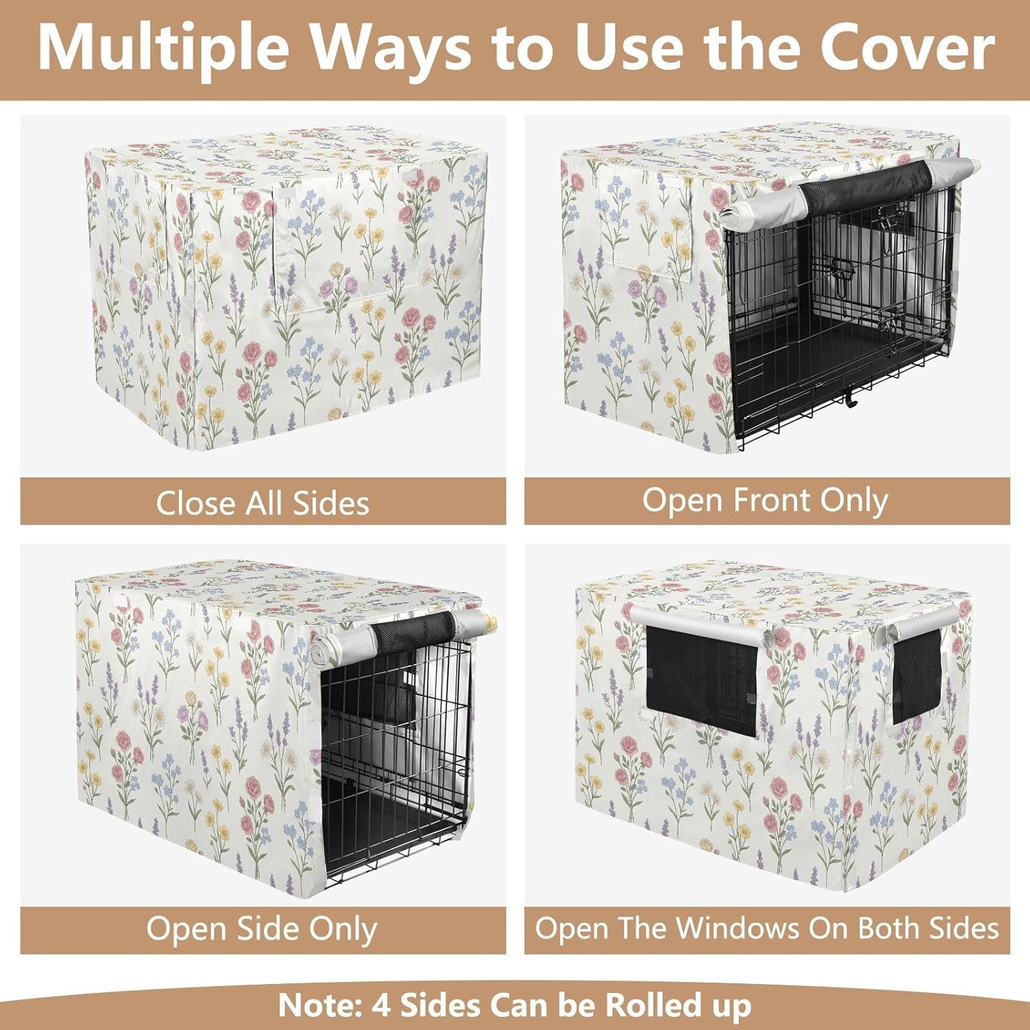 Duty 600D Silver Coated Dog Crate Cover, Water-Resistant Floral Print Pet Kennel Canopy with Mesh Windows for Optimal Ventilation, Universal Fit for Standard Wire Cage, Indoor & Travel