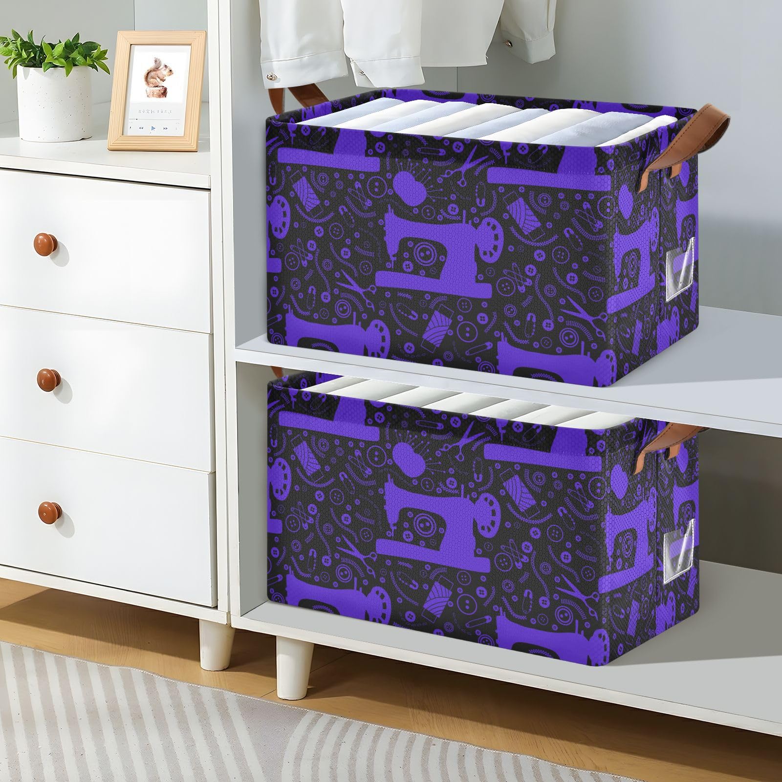 Black Purple Tailoring Machine Sewing Tools Storage Basket Foldable Cube Storage Bins with Handles&Label Collapsible Organizer Box Bin Large Rectangle Decorative Baskets for Shelves Home Room Closet
