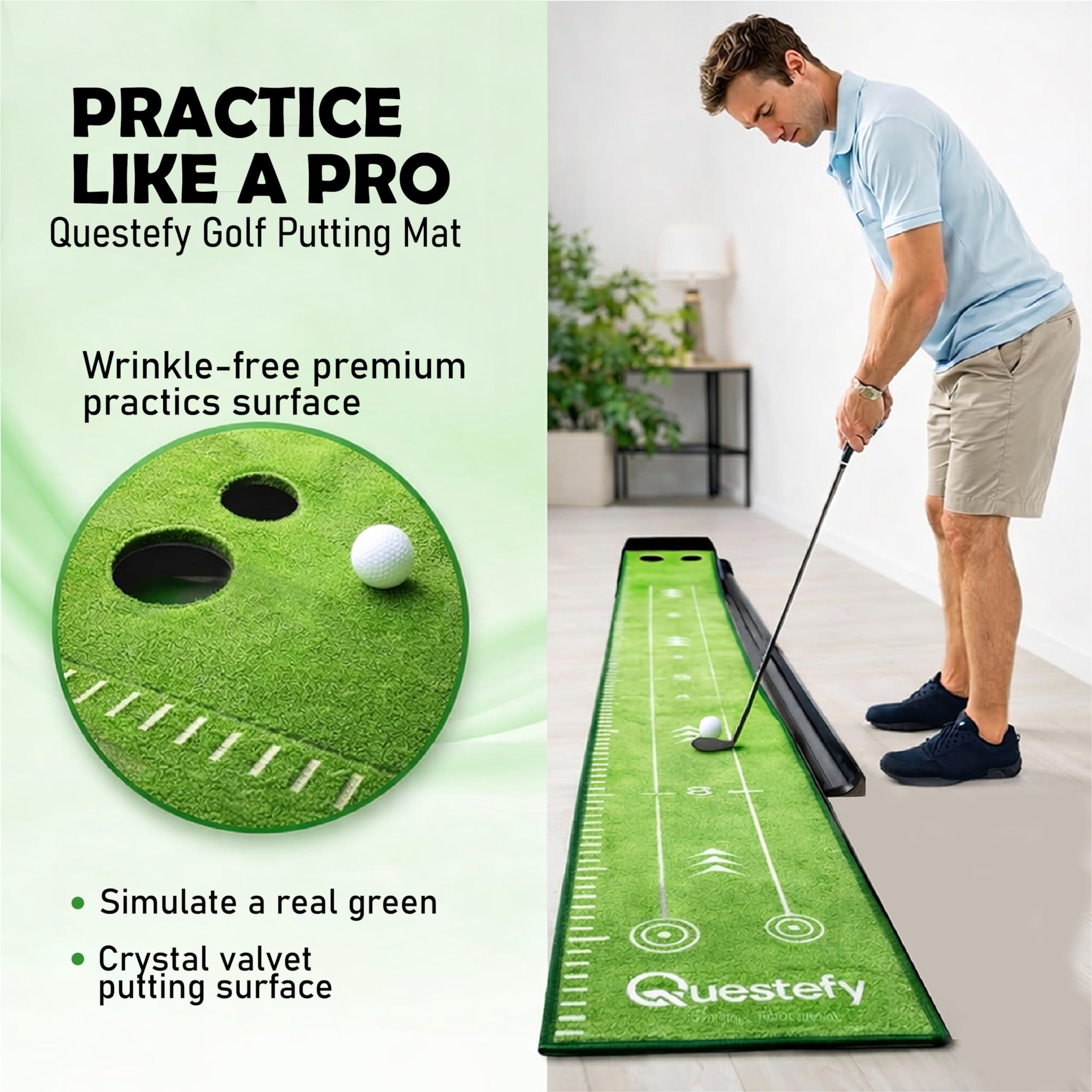 Putting Green Indoor | Tapete de golf sin arrugas con retorno automático de la bola, superficie antideslizante y marcas de alineación para una práctica precisa de putting en casa, oficina y al aire