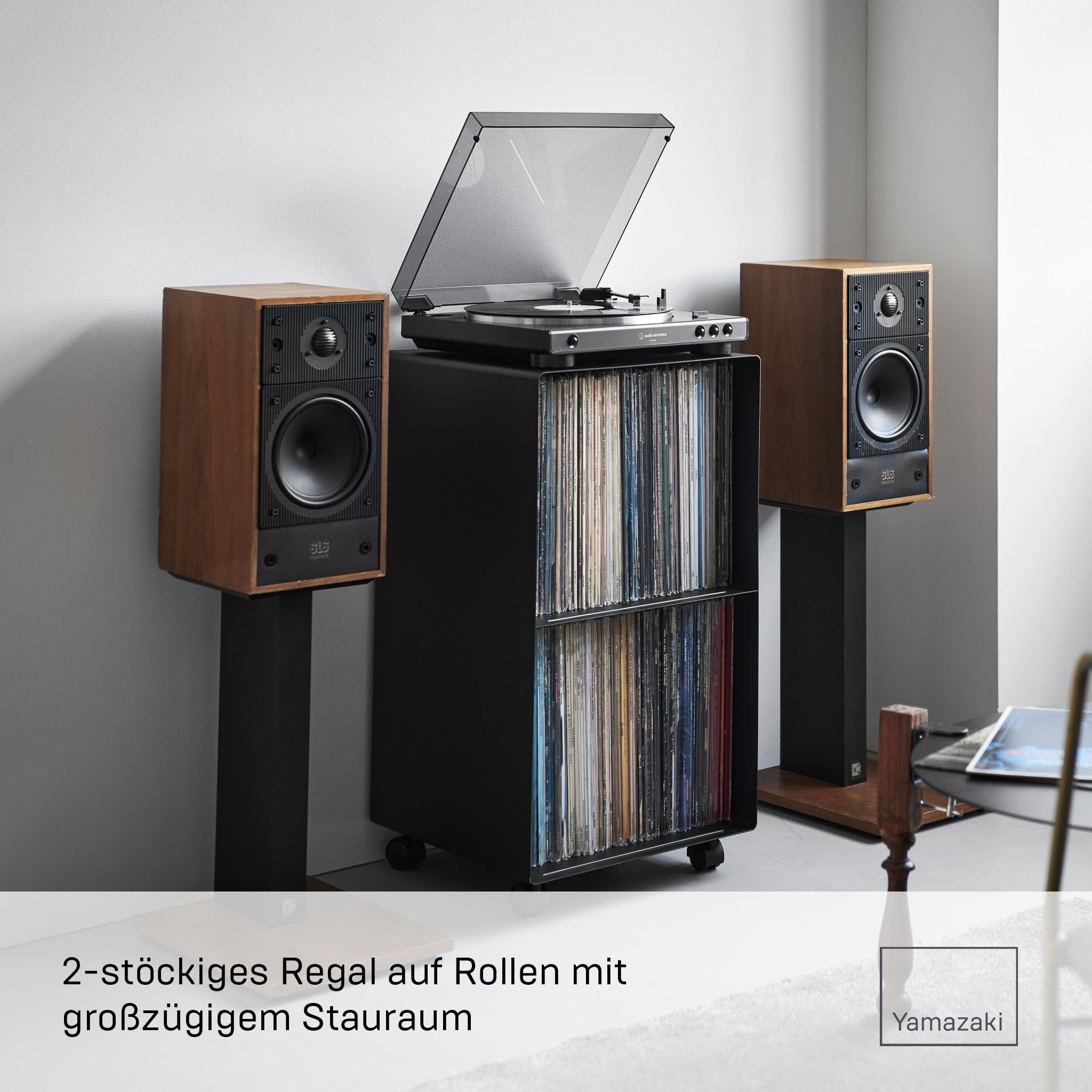 YAMAZAKI 10230 TOWER 2-stöckiges Schallplatten-Regal mit Rollen, schwarz, Stahl/Nylon, minimalistisch, 40 x 38 x 73,3 cm (L x B x H)