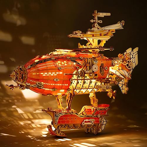 Miniatura 7 de Rompecabezas de Madera LED 3D Modelo de Dirigible de Fantasía - Kit de Manualidades Steampunk DIY con Luces LED - Conjunto de Construcción