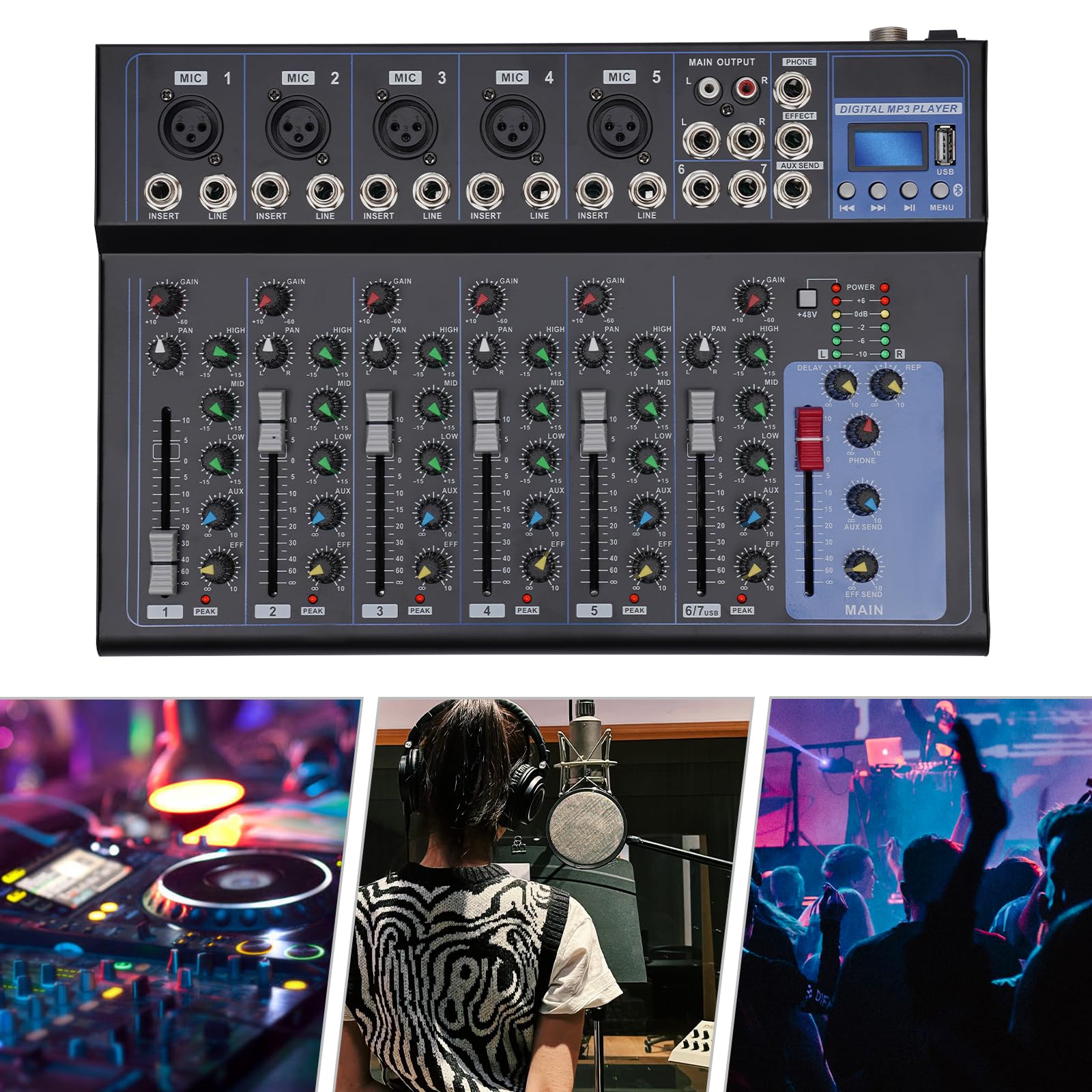 Consola de mezclas de audio de 7 canales, amplificador USB DJ Live Mixer Studio Bluetooth para reuniones familiares, karaoke, actividades de DJ, espectáculos de banda, actividades en campus, estudios