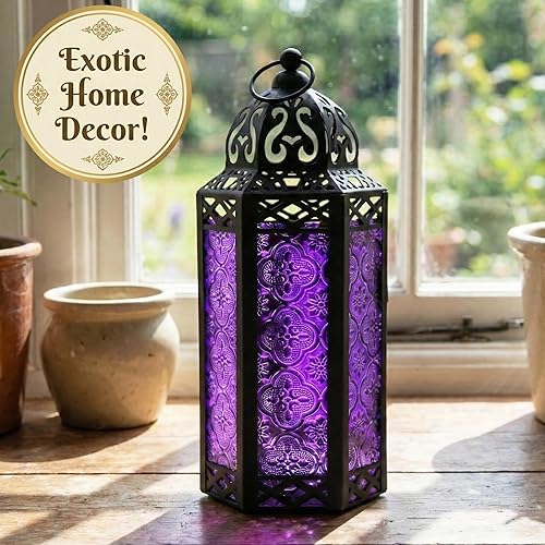 Miniatura 3 de Vela Lanterns - Farol portavelas decorativo, estilo marroquí, 3 piezas, cristal púrpura, tamaño mediano