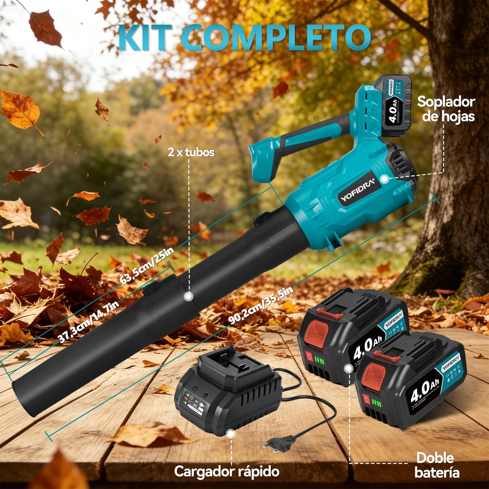 Yofidra Soplador de Hojas Inalámbrico, 400 km/h, Motor sin Escobillas 25000RPM, 6 Velocidades, 2X Baterías y Cargador, Soplador a Batería para Jardín, Hojas, Polvo y Nieve | 25000 rpm, soplador de hojas con 2 baterías de 4,0 Ah y cargador, soplador manual