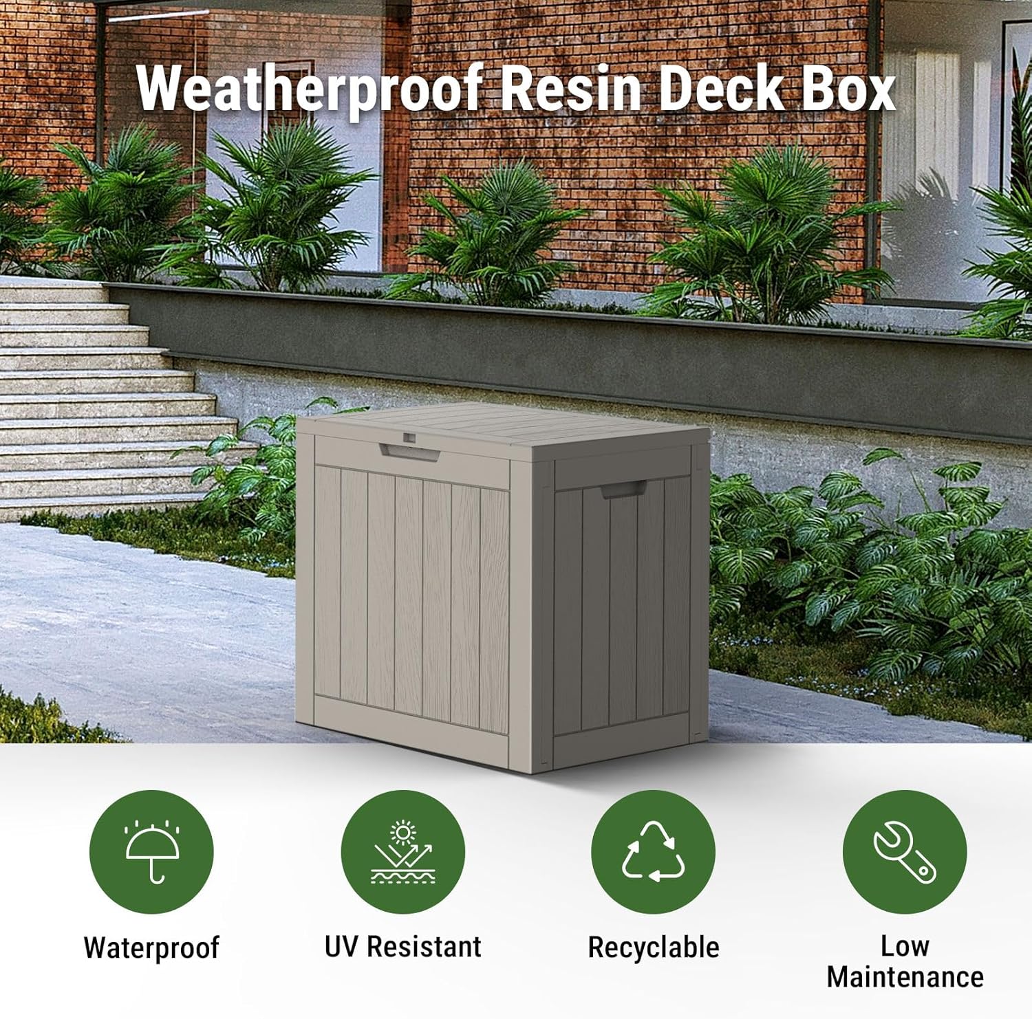 Weatherproof Resin Deck Box with Wood-Look Texture, 31 Gallon 118L Outdoor Storage, Dark Grey, Lockable Lid, Built-in Handles