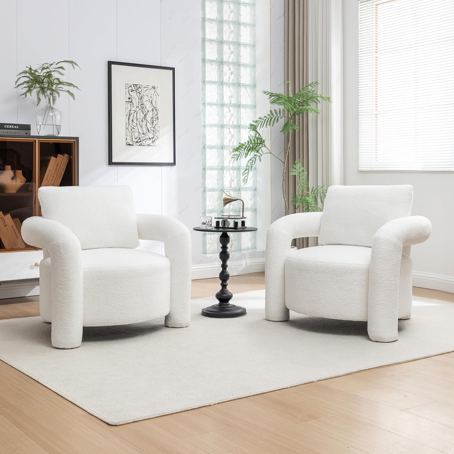 Modern Sherpa Boucle Accent Chair,Teddy Upholstered Armchair,Vanity Chair Single Sofa,Cozy Fluffy Reading Chair for Living Room,Vanity,Office,Bedroom,Corner(White)