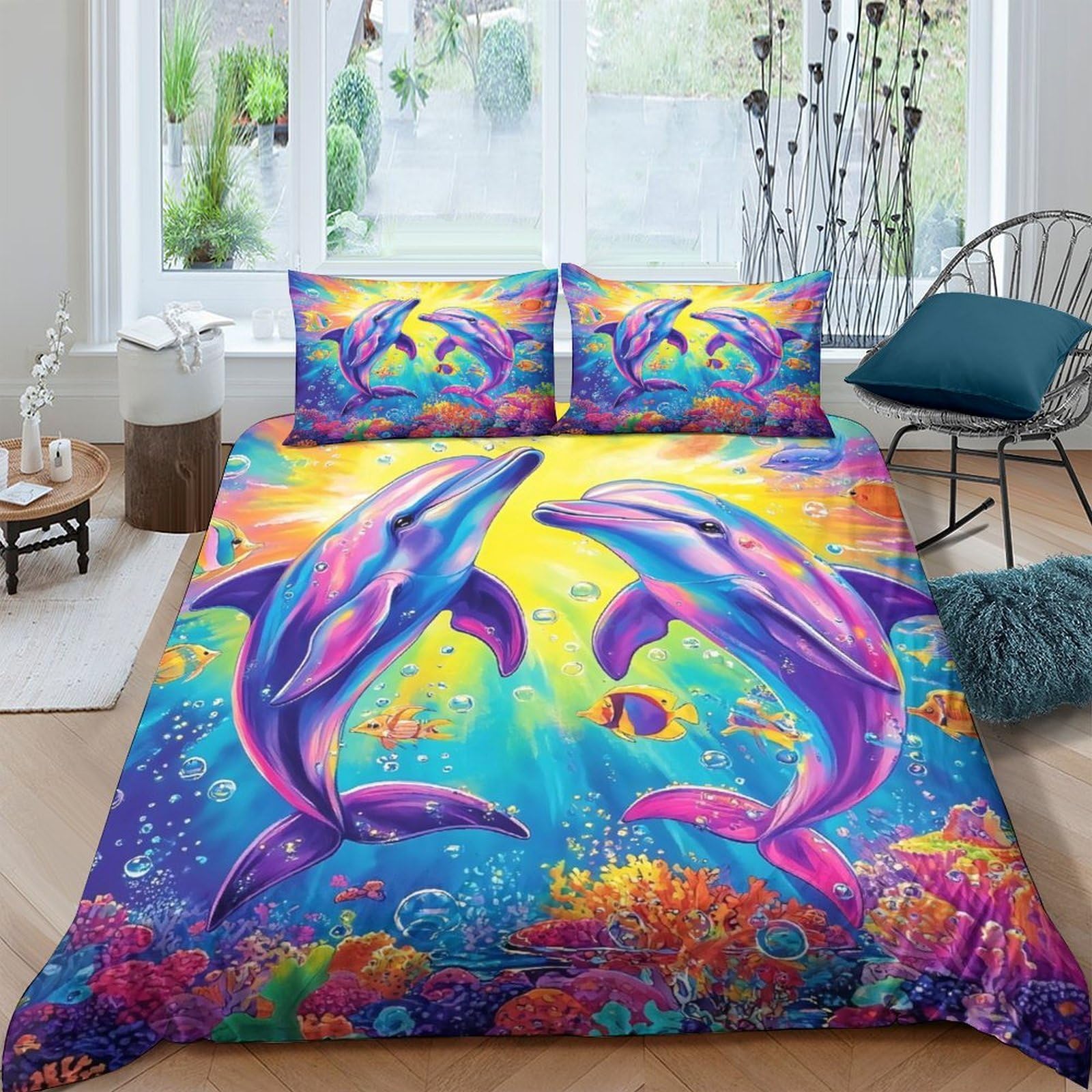 Ctjqhvkz Style-7 3D Printed Dolphin Ocean Fitted Sheet Microfiber Vibrant Watercolor Bed Cover For Bedroom Guest Room Decor Single（135X200cm）