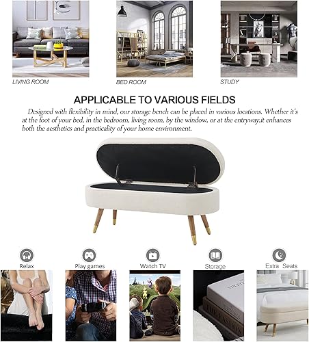 Miniatura 7 de IAFIKE Banco de almacenamiento ovalado de 43.5 pulgadas, banco otomano tapizado de tela boucle con patas de metal dorado, extremo de cama para