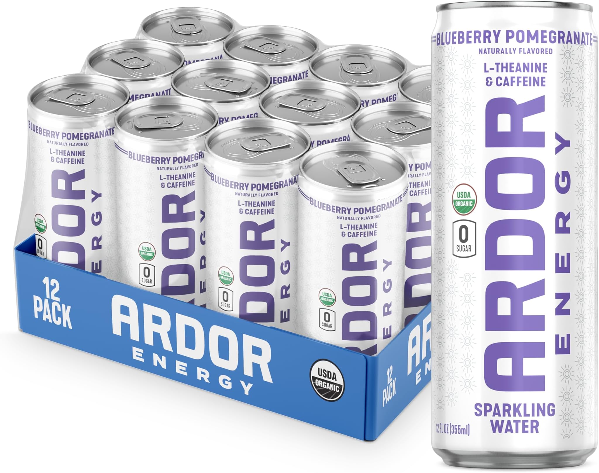 ARDOR ENERGY Sparkling Water with 100mg Natural Caffeine & 200mg L-Theanine from Organic Green Tea for Smooth Energy & Focus | Healthy Energy Drink | No Sugar, Zero Calories, Vegan, Gluten-Free | Blueberry Pom (Pack of 12, 12oz cans)
