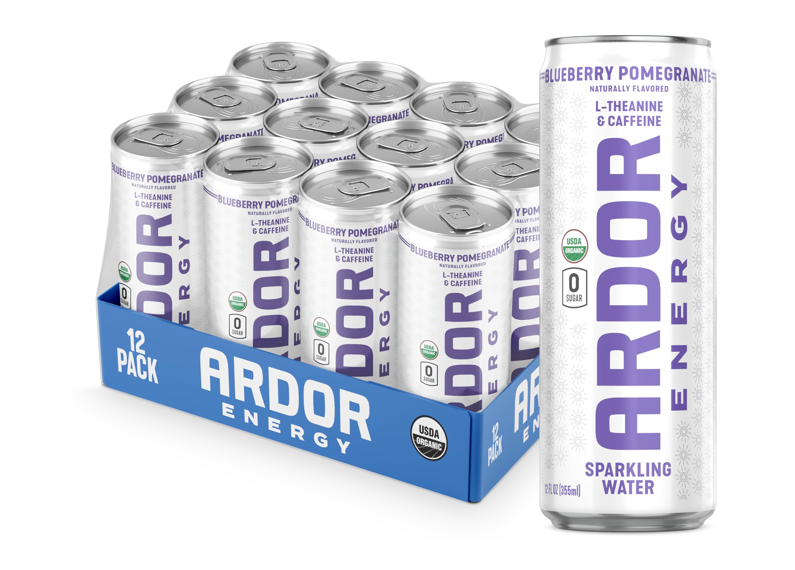 ARDOR ENERGY Sparkling Water Blueberry Pom 12 pack with 100mg Organic Caffeine from Green Tea & 200mg Organic L-Theanine (Focus & Calm). No Sugar. No Calories. Vegan. Gluten Free.