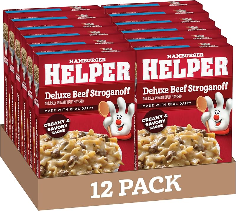 Hamburger Helper Deluxe Beef Stroganoff Pasta Meal (5.5 oz- 12 Pack) No Artificial Flavors, Ready in 3 Easy Steps, Quick Meals for Midweek Dinners, Busy Evenings & Families On-the-Go