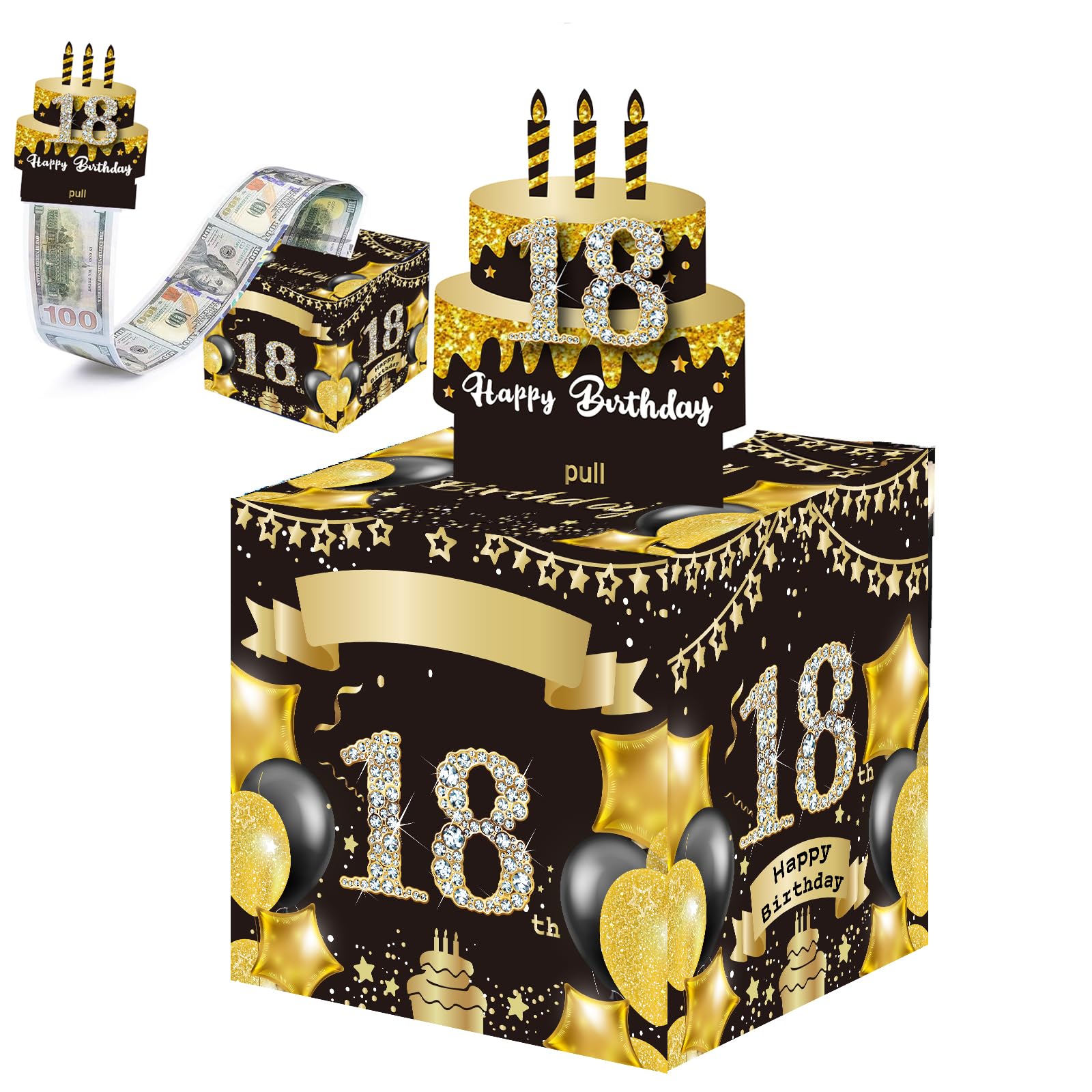 Muiltvoe Boys Color-Black Gold Happy 18Th Birthday Money Box For Cash Gift,Black Gold Pull Surprise Money Gift Box For 18Th Birthday Presents,Money Cake Pull Out Cash,18Th Money Box,Happy Birthday Money Gift Box For Girls