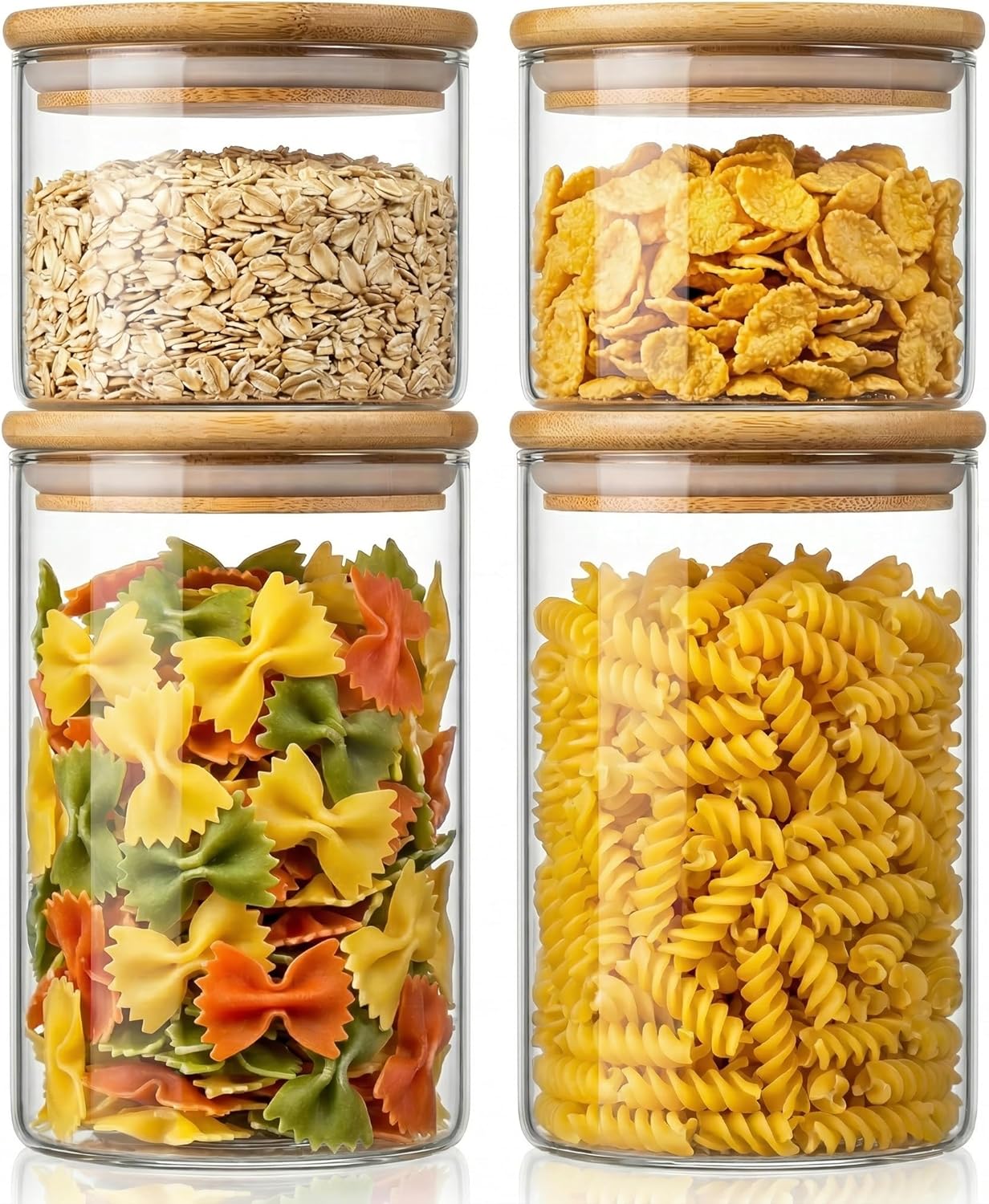 32oz & 21oz - 4 Pack Glass Jars with Bamboo Lids, Glass Pantry Storage Containers with Airtight Lids, Round Air Tigh Food Storage Canisters for Cereal, Pasta, Flour, Sugar, Best for Kitchen Organizer