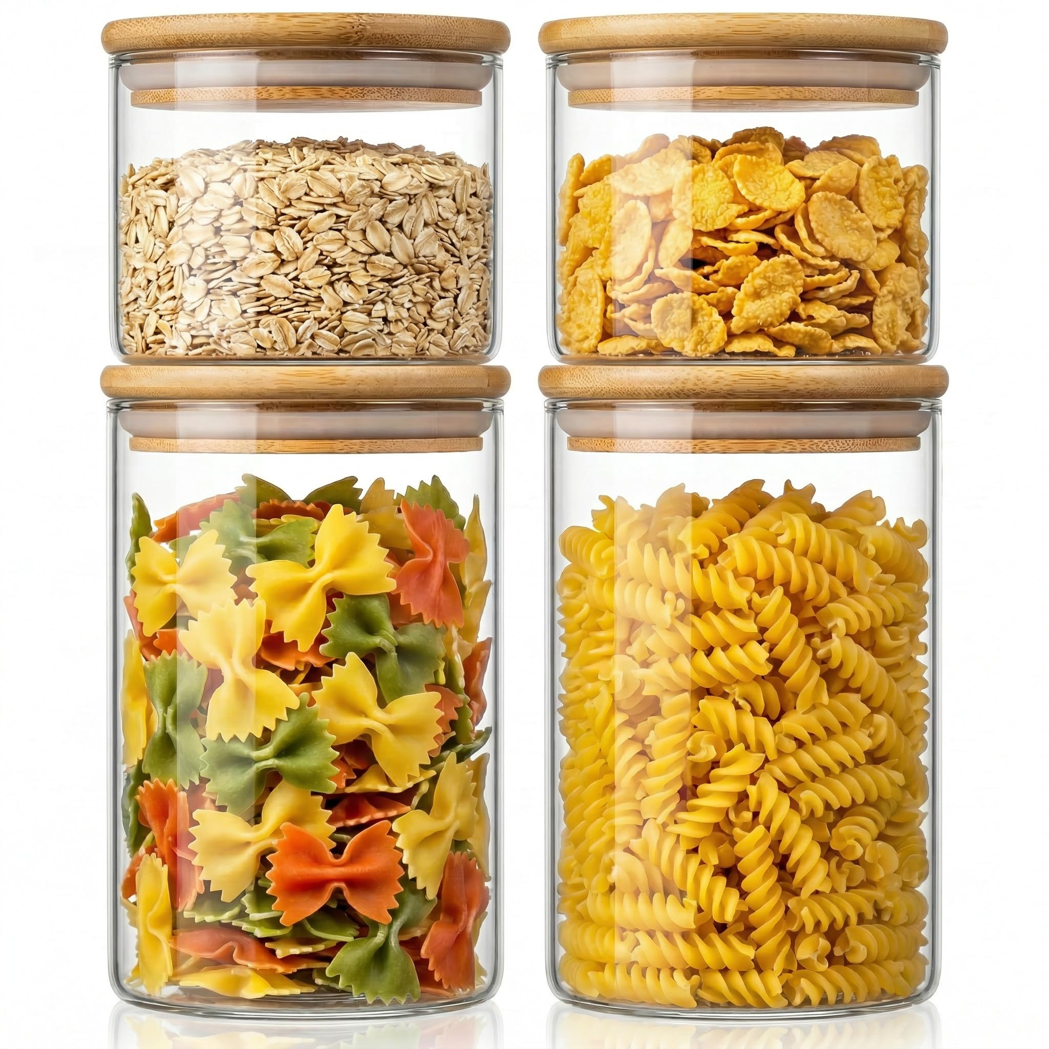 32oz & 21oz - 4 Pack Glass Jars with Bamboo Lids, Glass Pantry Storage Containers with Airtight Lids, Round Air Tigh Food Storage Canisters for Cereal