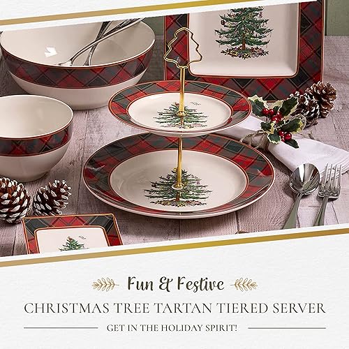 Miniatura 2 de Spode Servidor de tartán de árbol de Navidad de 2 niveles, soporte para cupcakes navideños, juego de exhibición de postres, platos de barro, platos